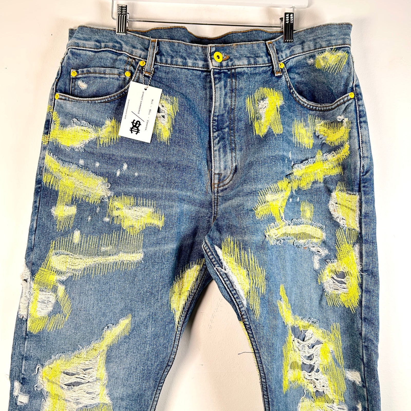 Endless Denim Distressed Scar Stitch Yellow Embroidery Jeans Size 40