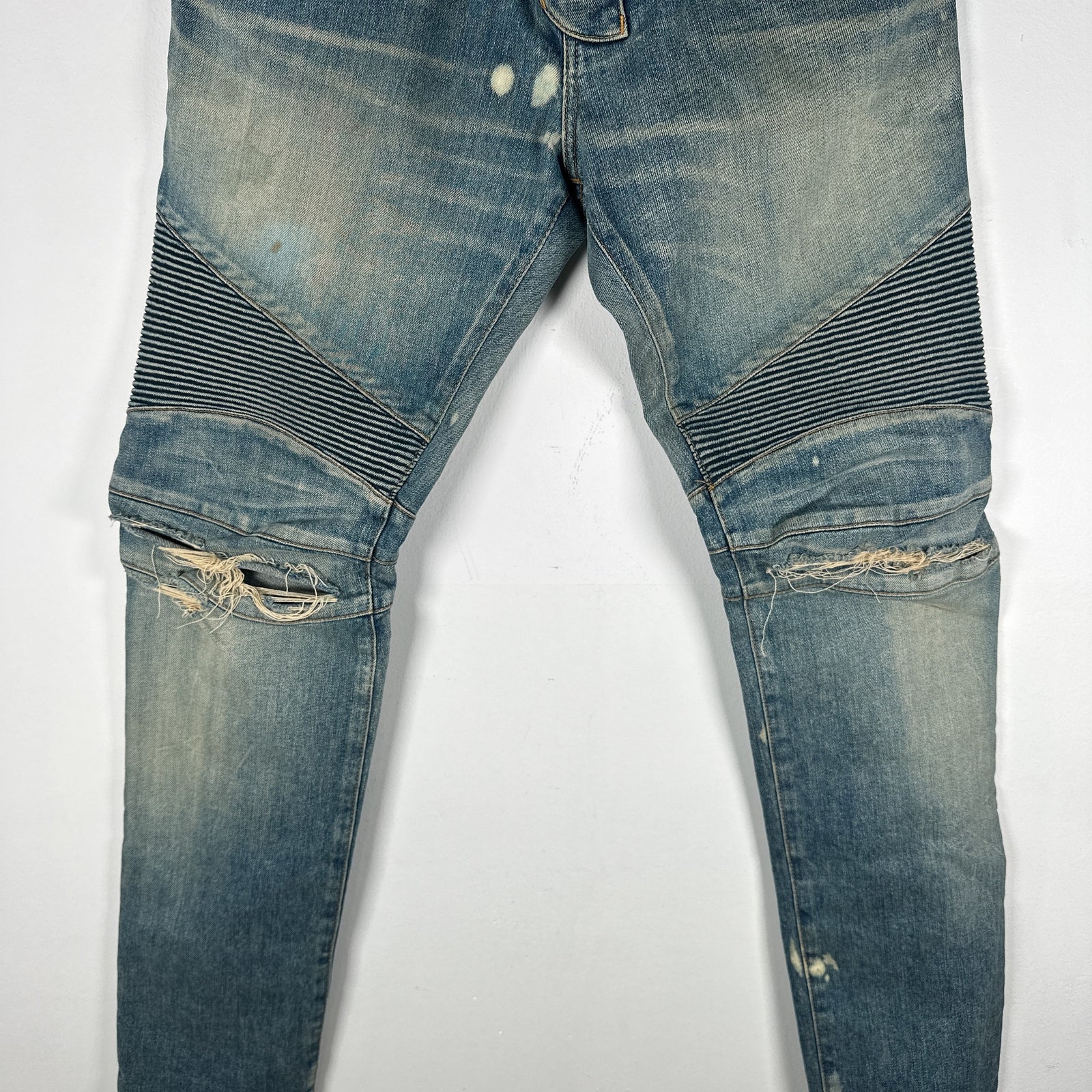 Balmain Distressed Biker Light Wash Jeans
