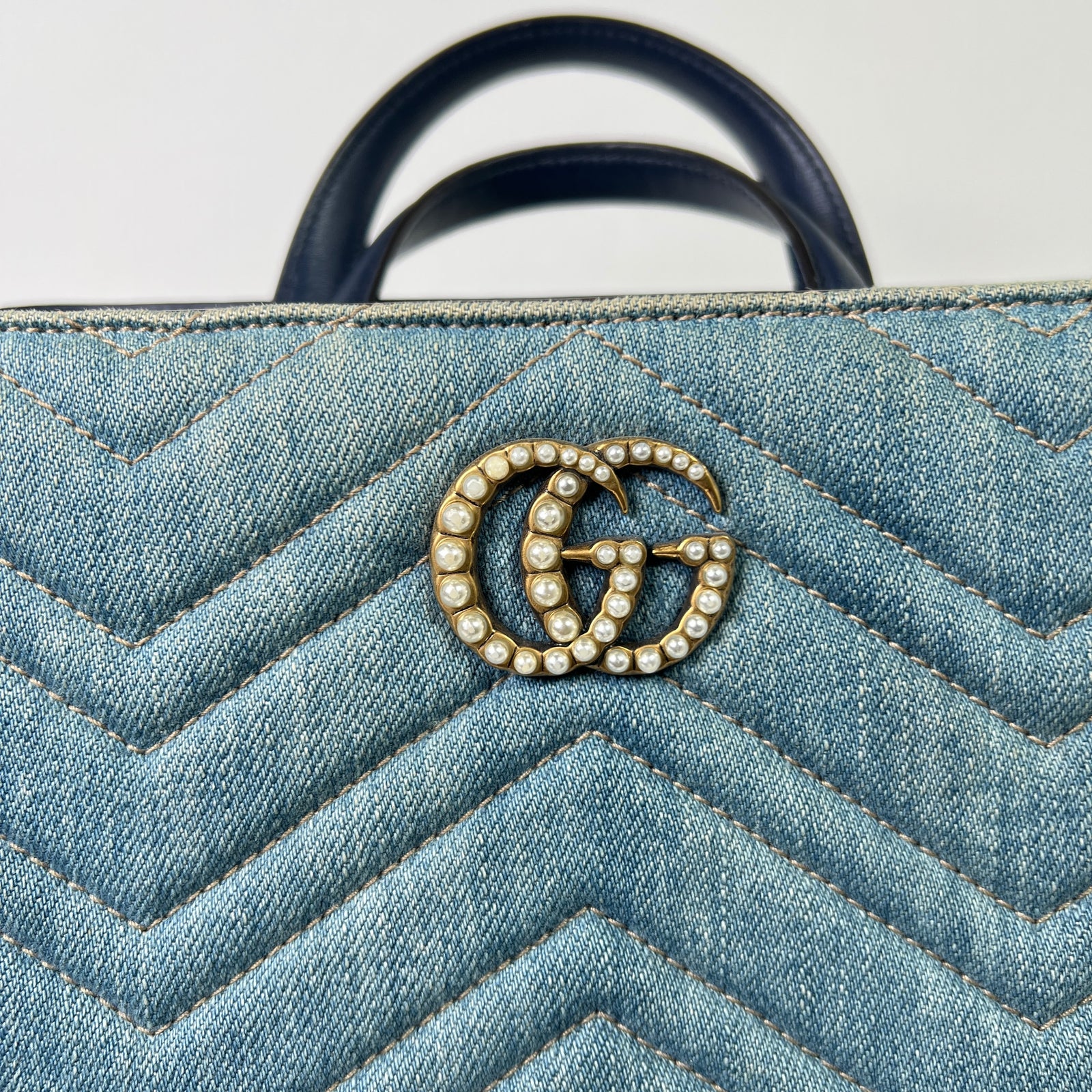 Gucci Washed Denim Pearl GG Marmont Tote Bag