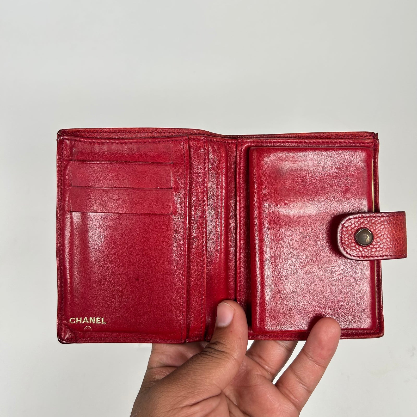Chanel Red Pebbled Leather Mini Bi-Fold Wallet