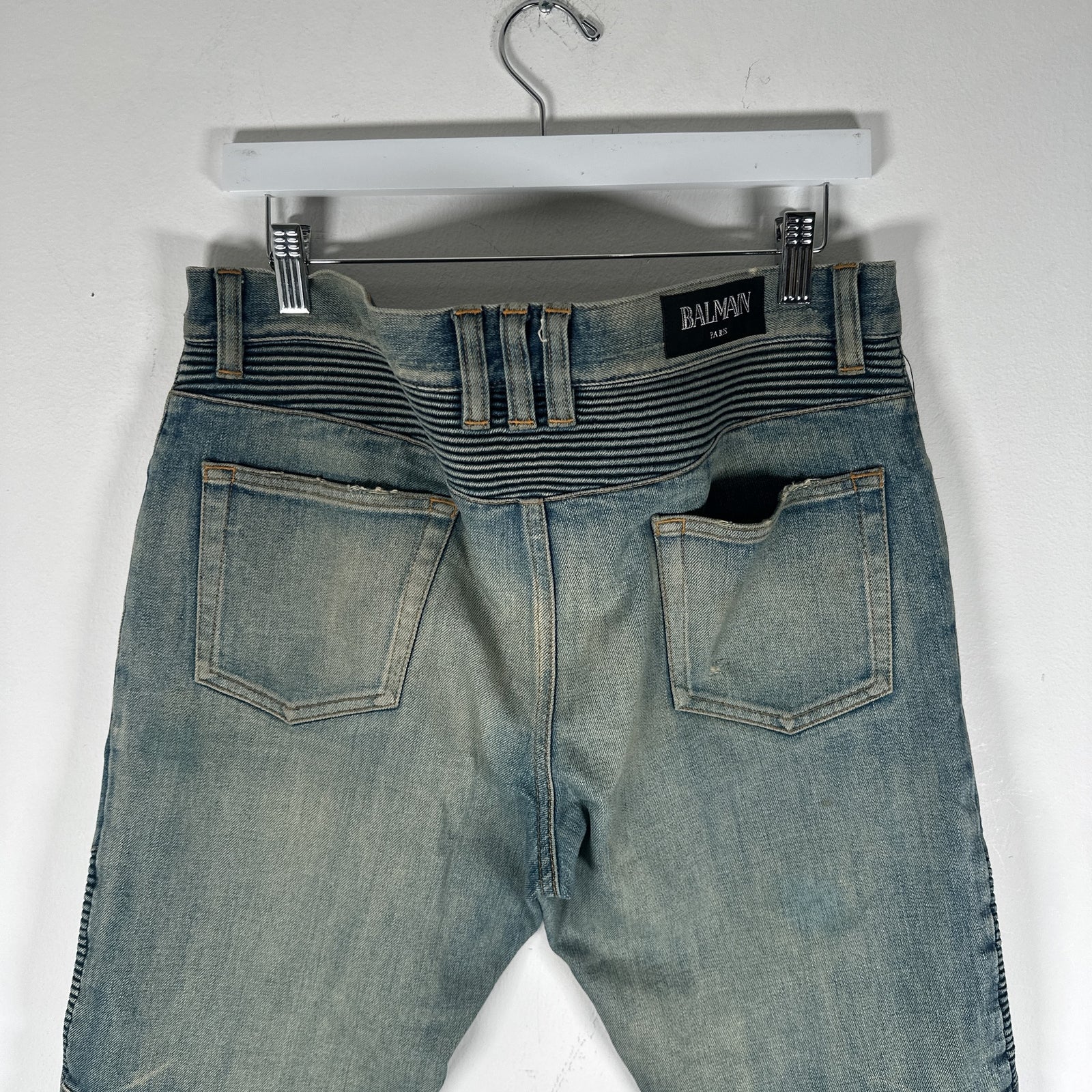Balmain Distressed Biker Light Wash Jeans