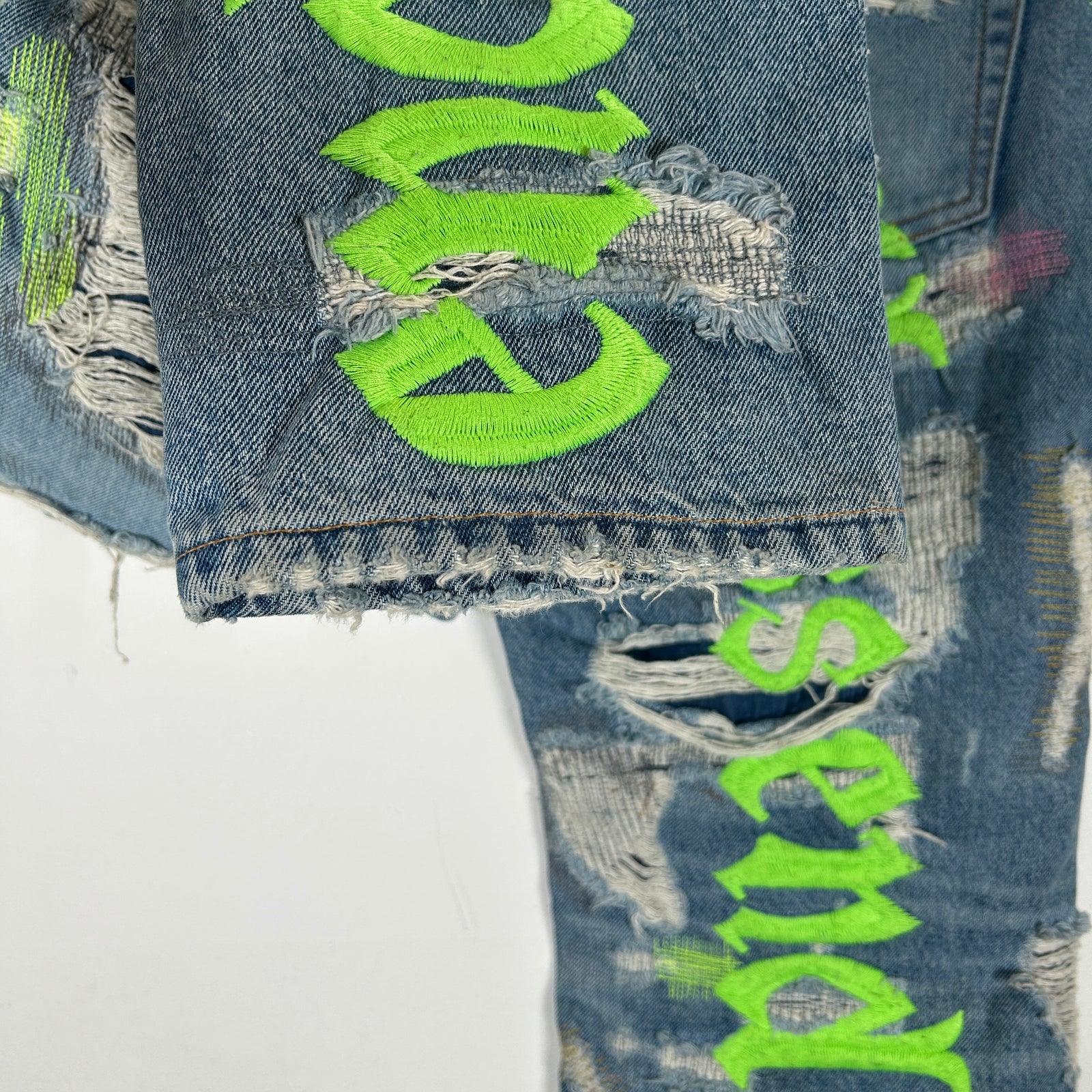 Endless Neon Green Embroidered Blue Denim Jeans Size 36