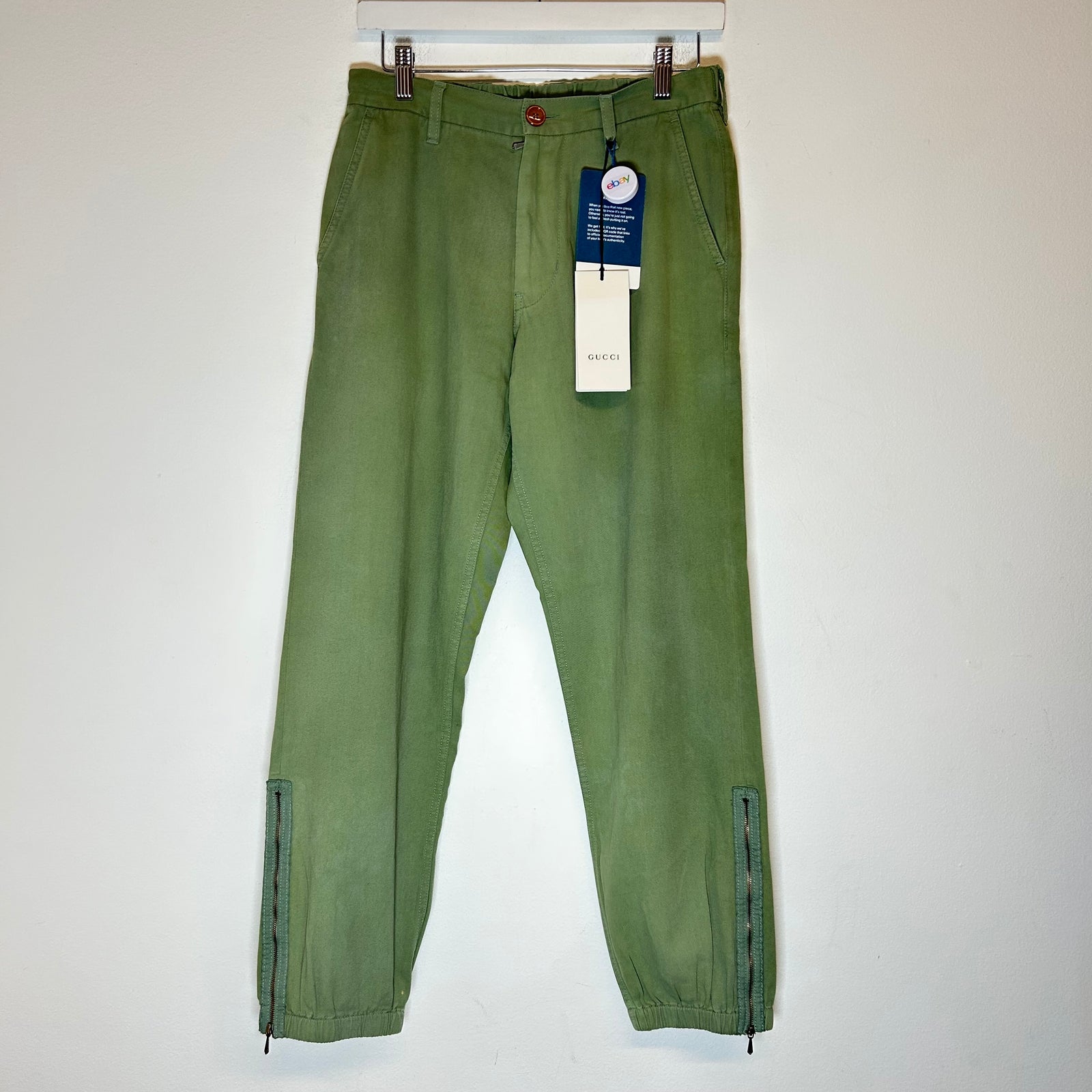 Gucci Olive Green Lyre Embroidery Cotton Trousers Size 30