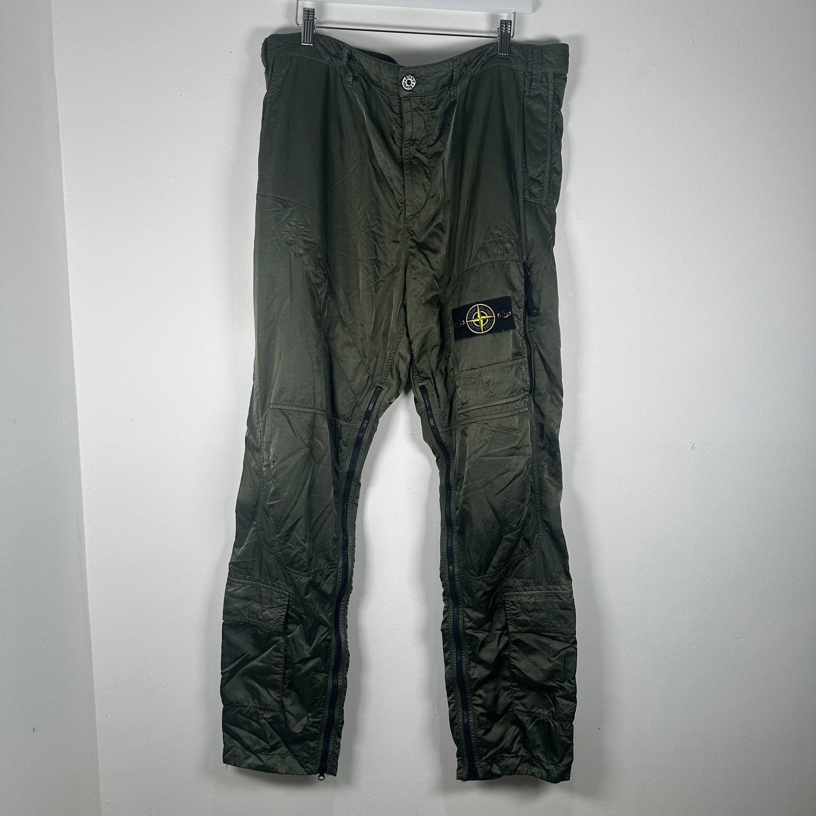 Stone Island Green Nylon Zipper Cargo Pants Size 36