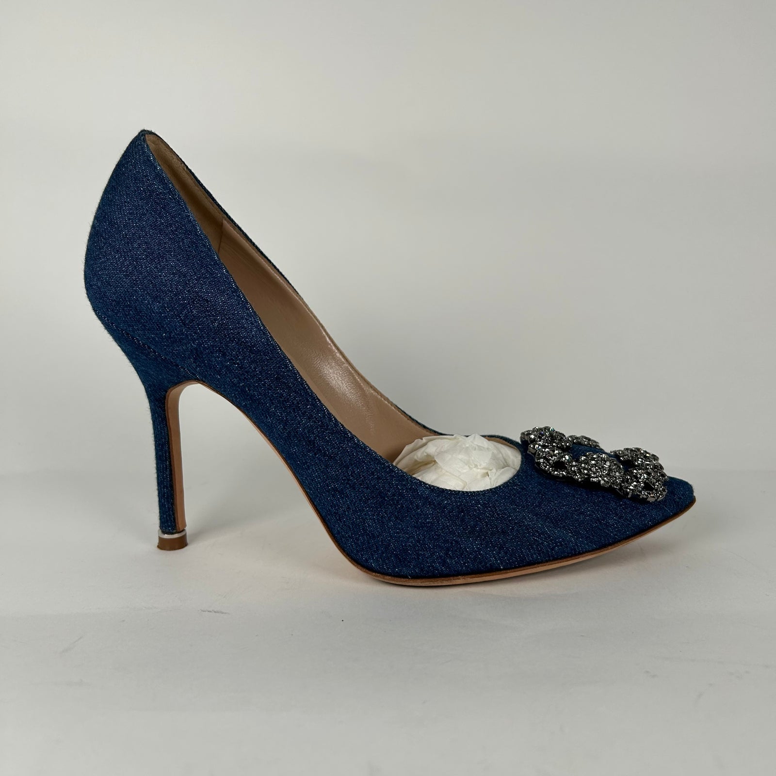 Manolo Blahnik Hangisi Jewel Buckle Denim Pumps Size 37.5