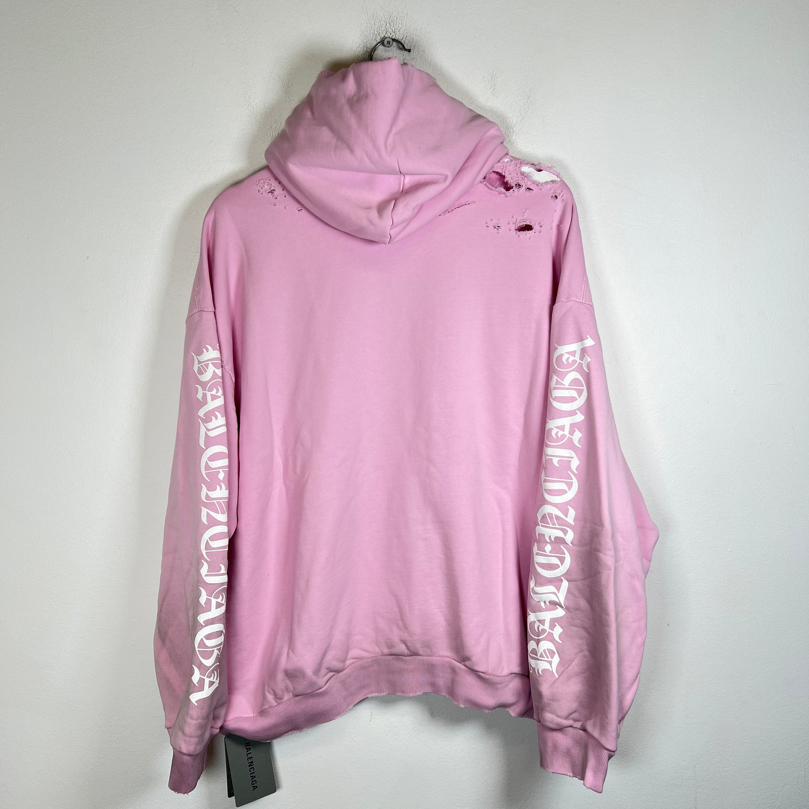 Balenciaga Pink Gothic Logo Distressed Hoodie Size M
