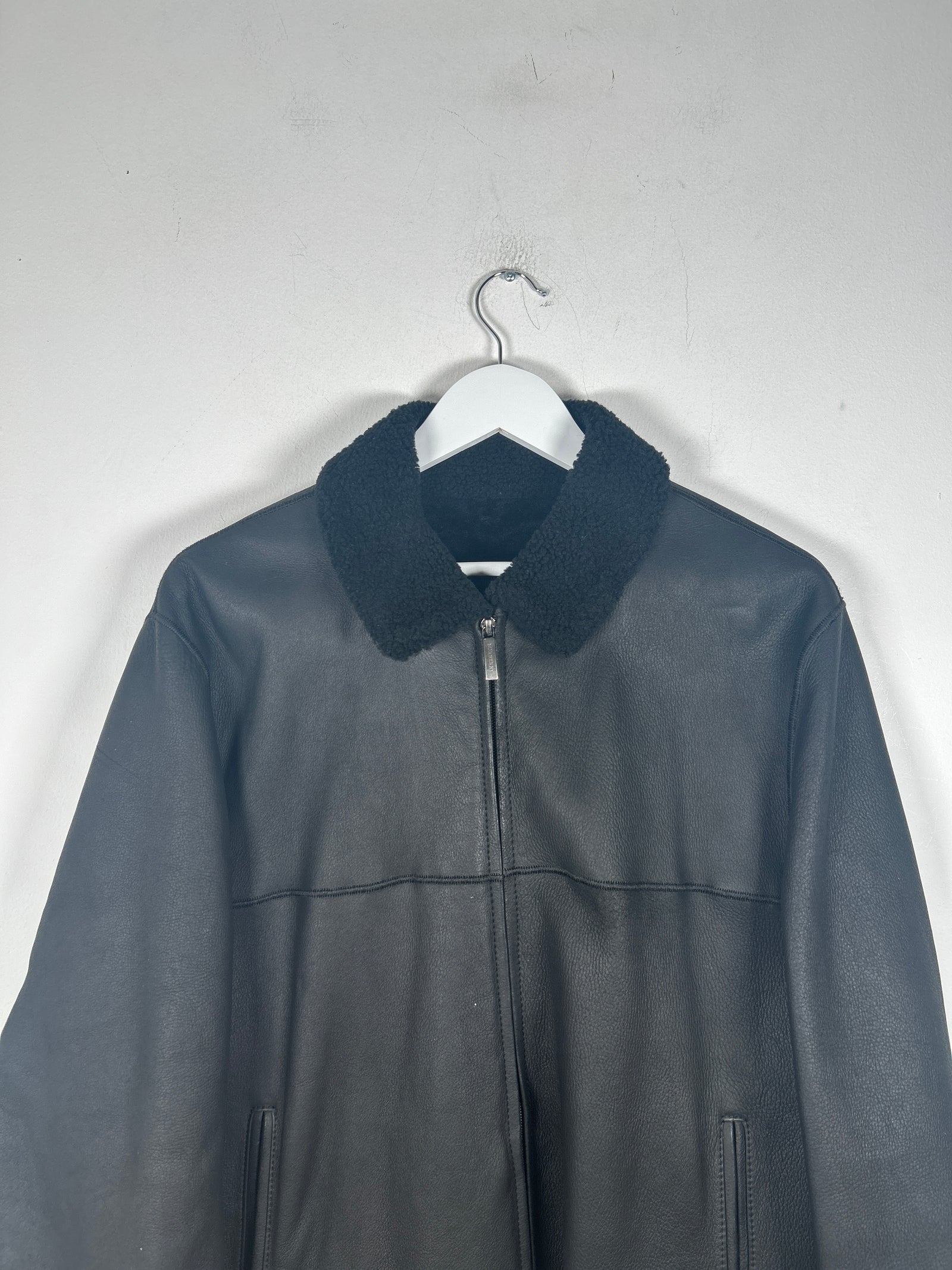Burberry Black Sherling Leather Zip Up Jacket Size M