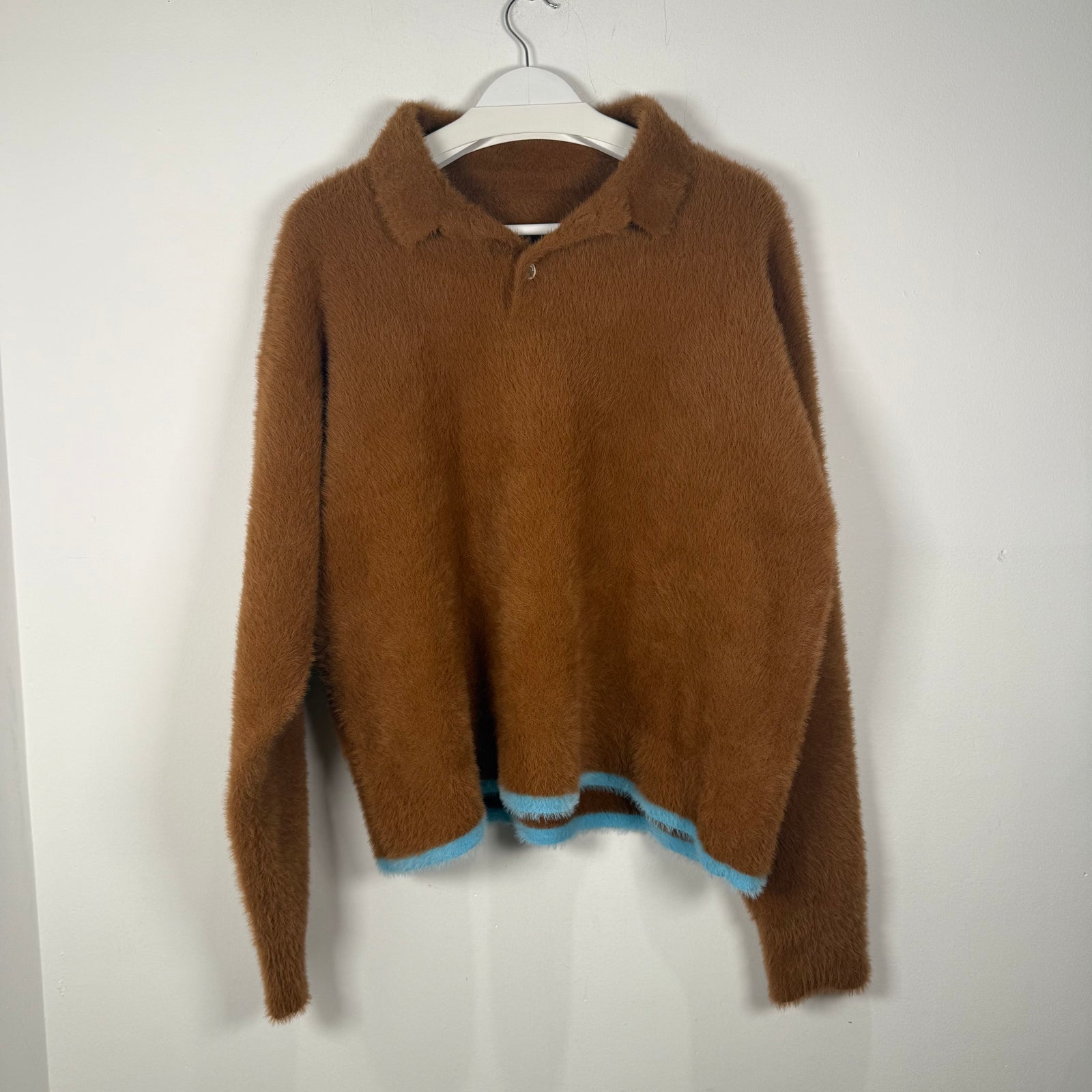 Jacquemus Neve Brushed Brown Stretch Knit Polo Sweater Size L