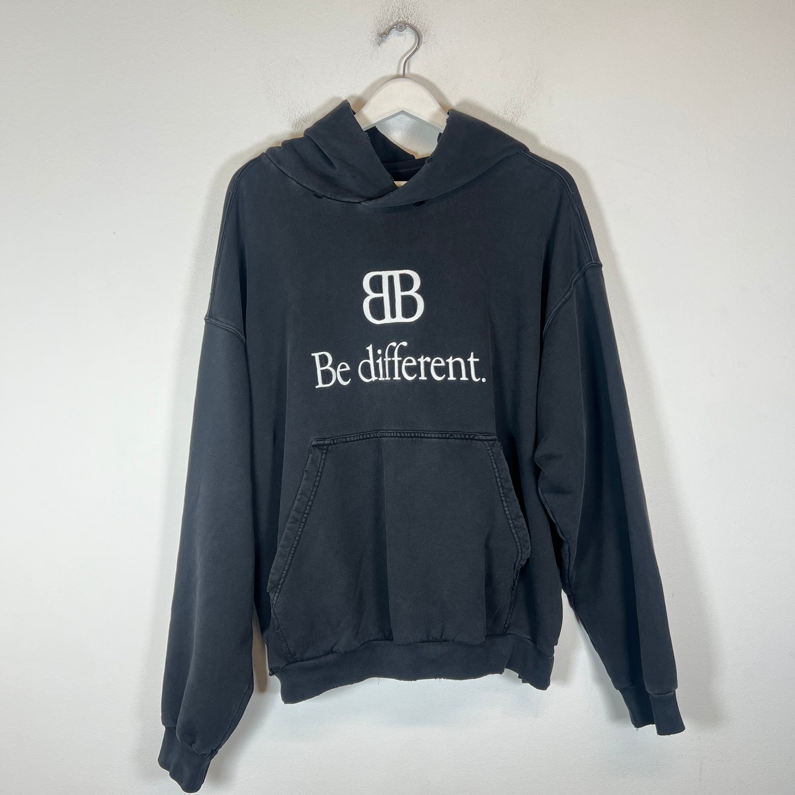 Balenciaga Black 'Be Different' BB Logo Distressed Hoodie Size S