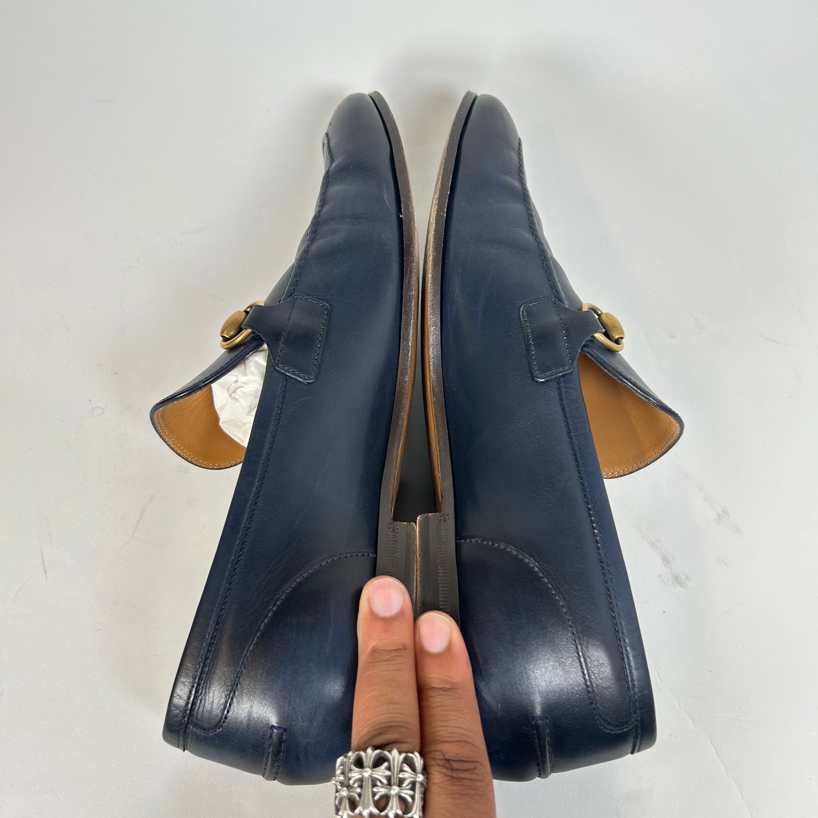 Gucci Navy Jordaan Horsebit Loafers Size GG 9.5