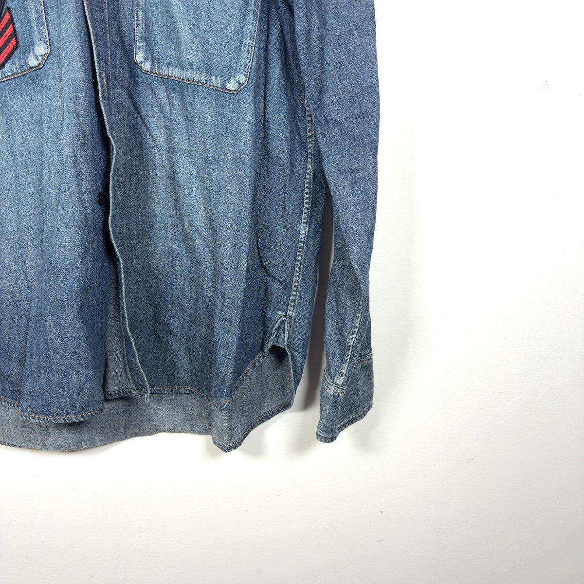 Saint Laurent FW17 Military Logo Patch Denim Button-Up T-Shirt