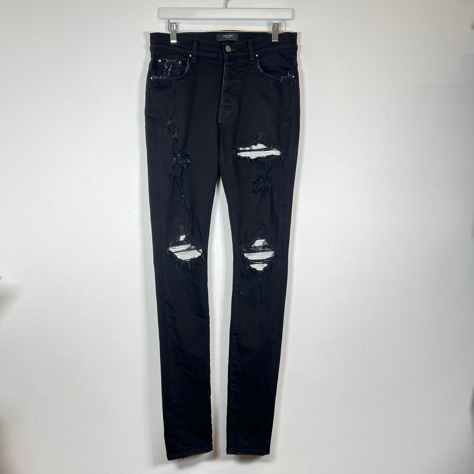 Amiri MX1 Black Metallic Silver Patch Skinny Jeans Size 32