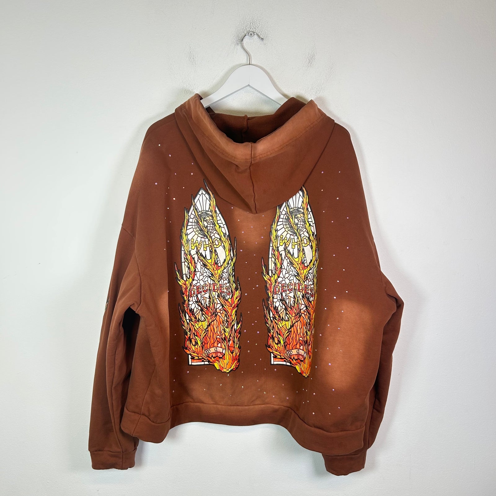 Who Decides War Brown Flame Glass Rhinestone Hoodie Size XL