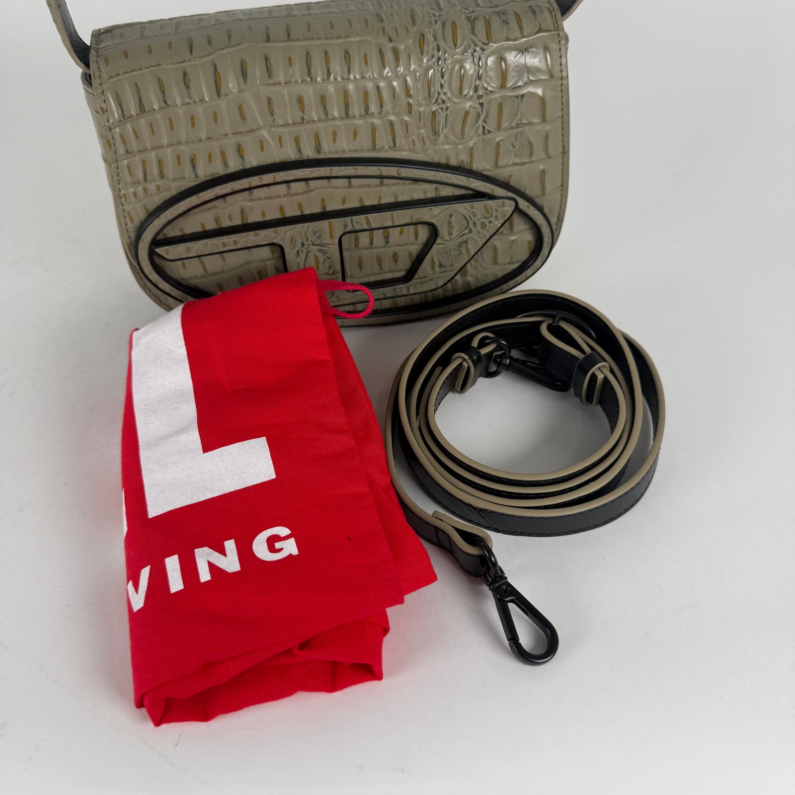 Diesel 1DR Sage Beige Crocodile Embossed Shoulder Bag