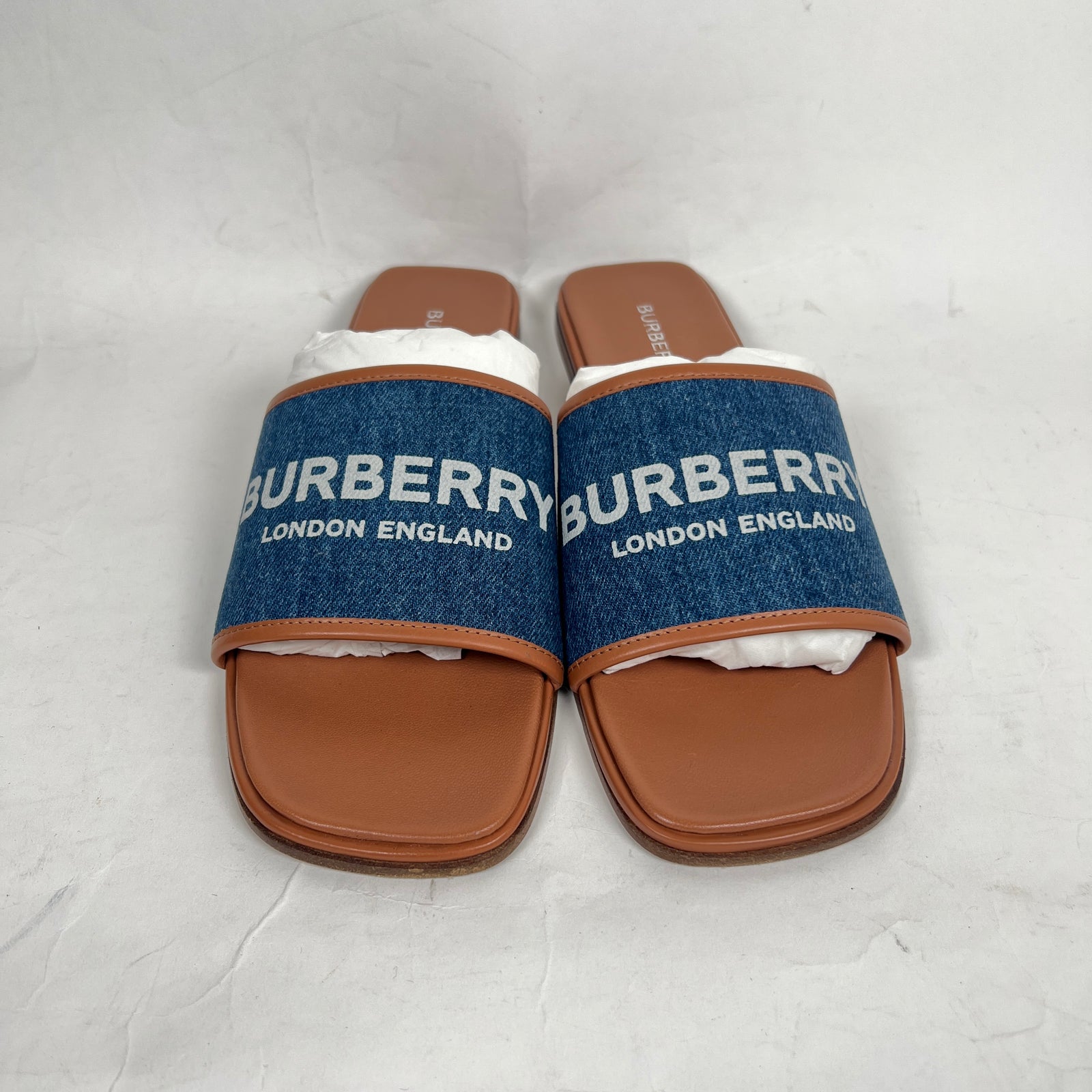 Burberry Blue Denim Carolyn Logo Leather Flats Size 38.5