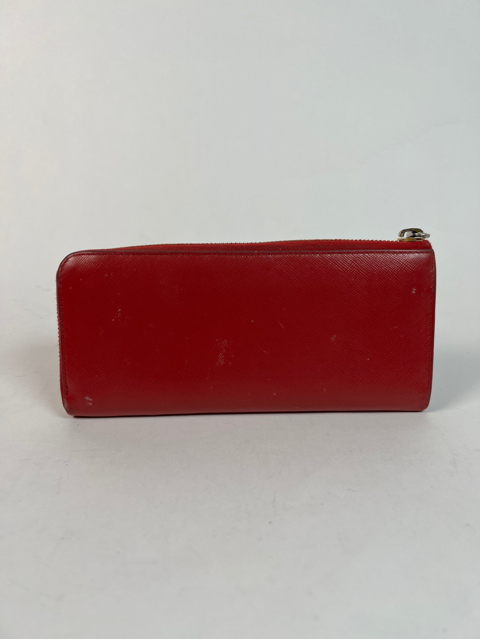 Prada Red Leather Saffiano Zip Around Wallet