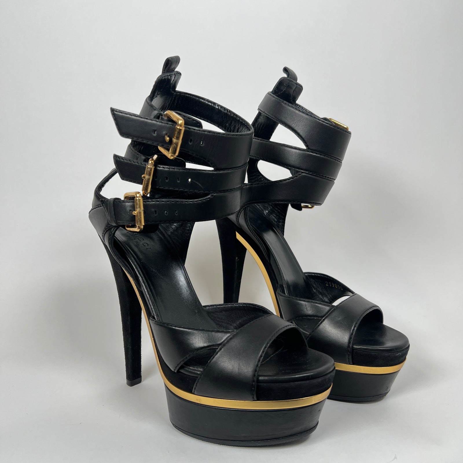 Gucci Black/Gold Lifford Platform Sandal Heels Size 38.5