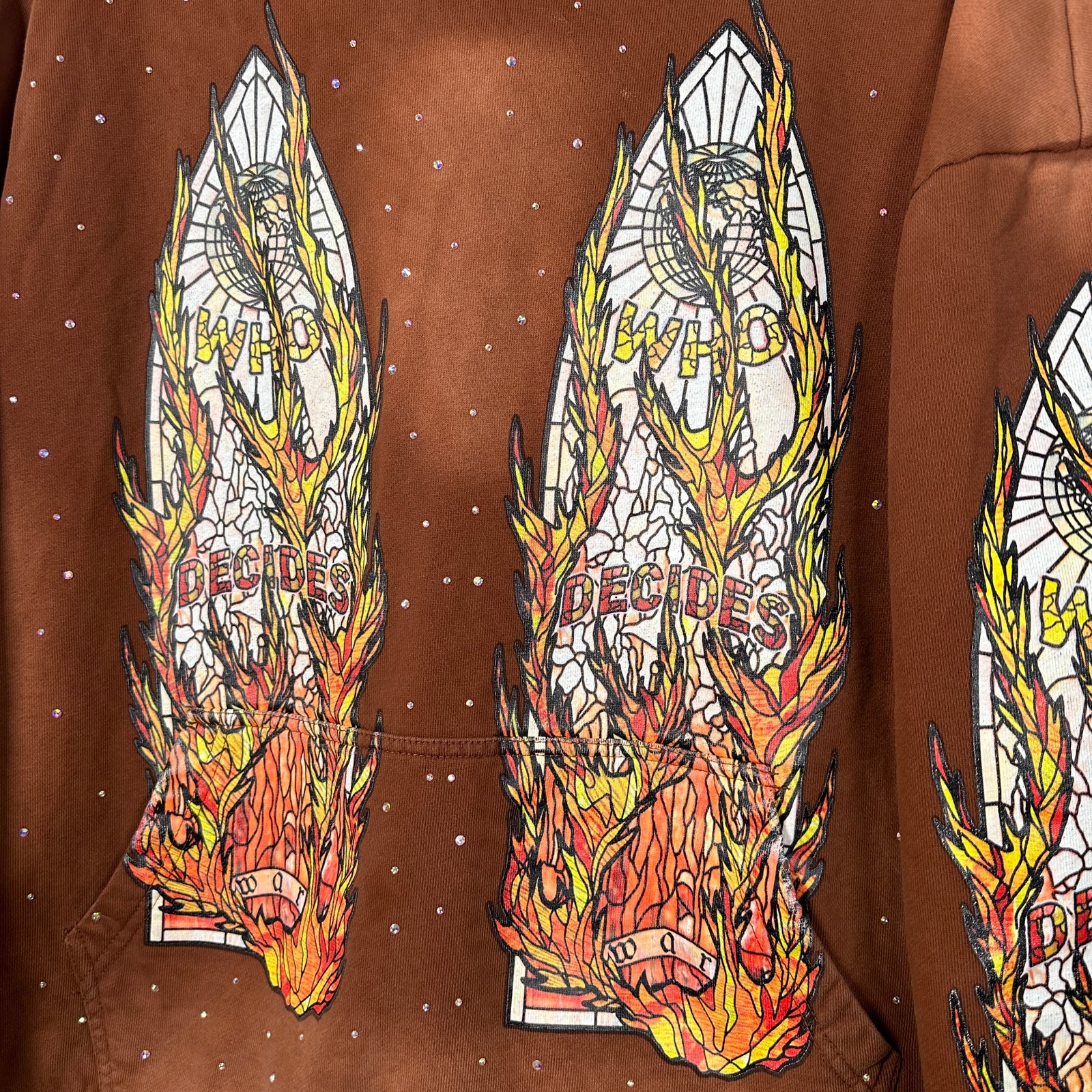 Who Decides War Flame Stained Glass Rhinestone Brown Hoodie Size L
