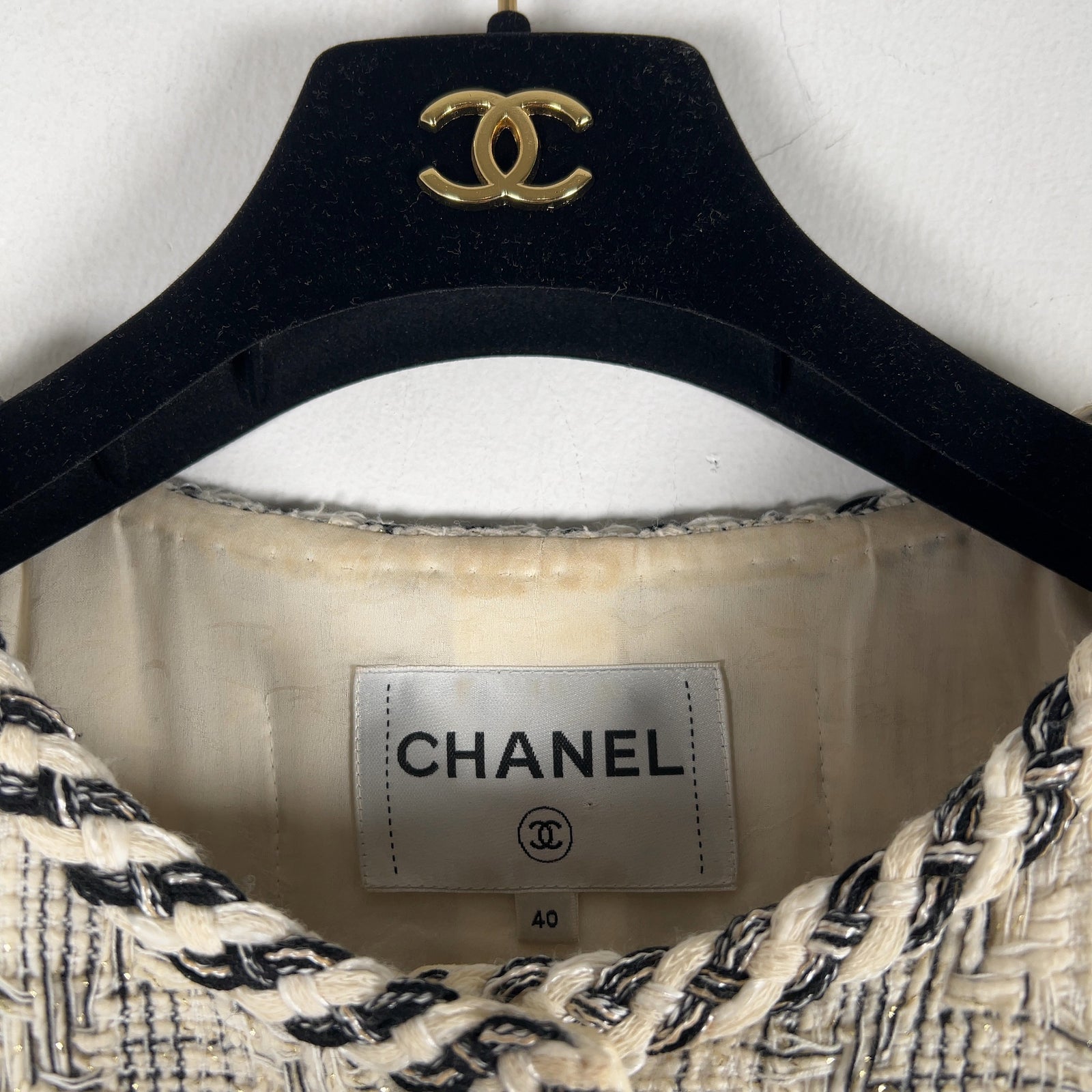 Chanel Printemps SS18 Braided Trim Ecru Tweed White/Black Size 40