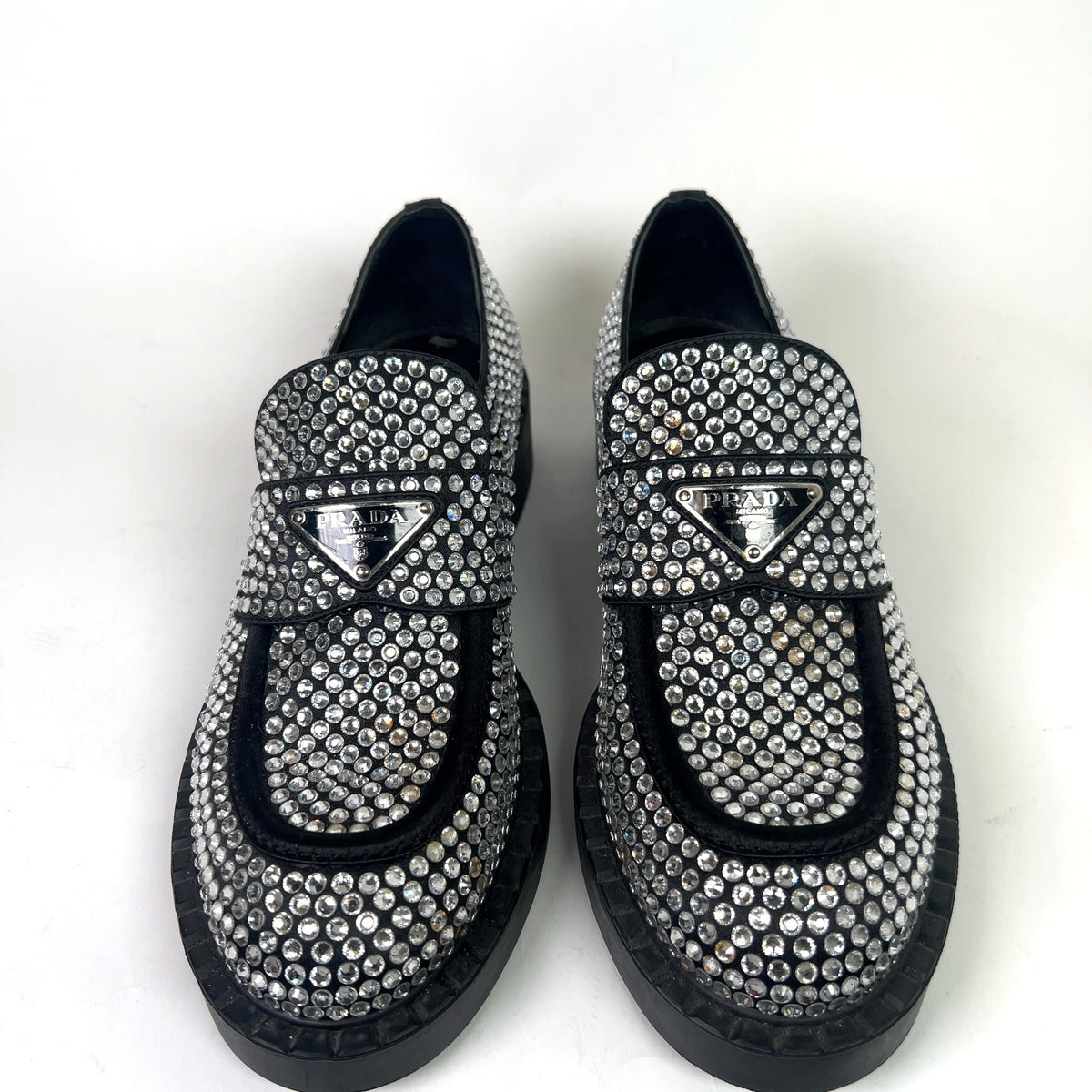 Prada Crystal Embellished Triangle Logo Loafers