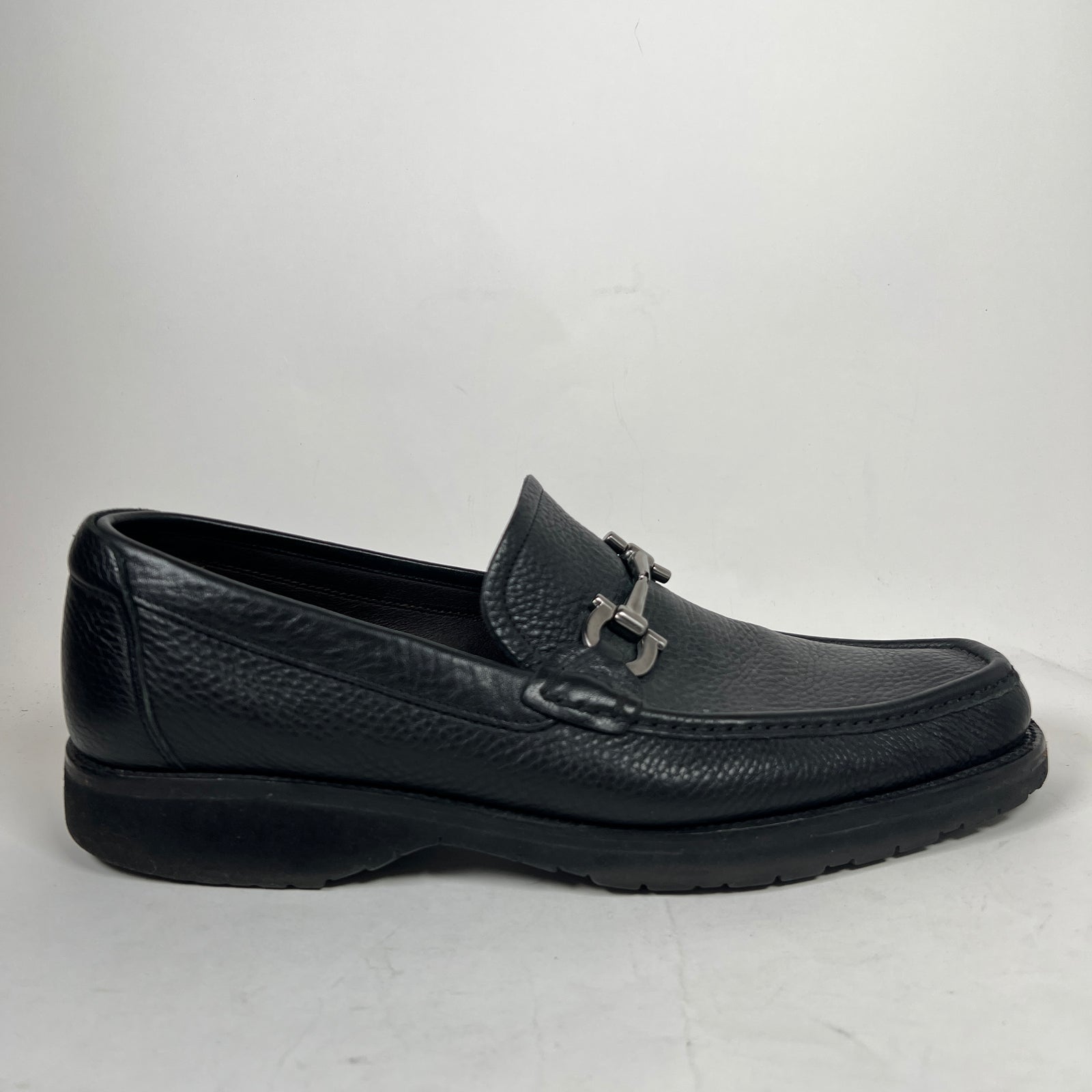 Ferragamo Black Square Toe Leather Loafers Size 10.5