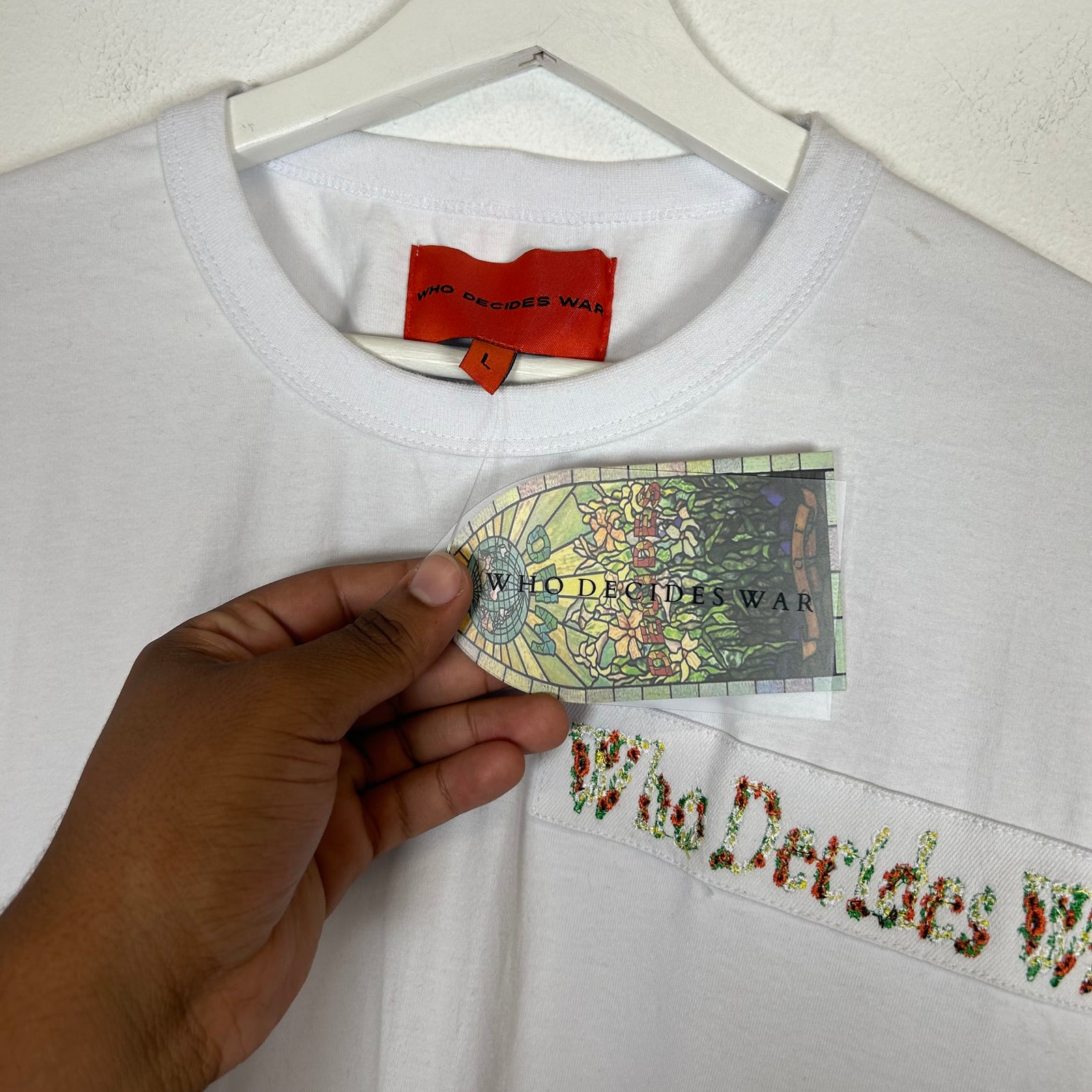 Who Decides War White Nameplate Embroidered Tee Size L