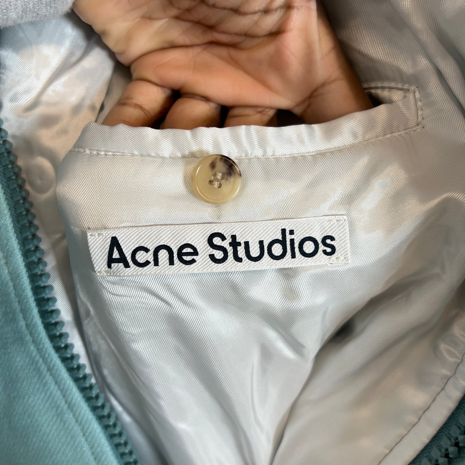Acne Studios Light Blue Embroidered Logo Bomber Jacket Size XL