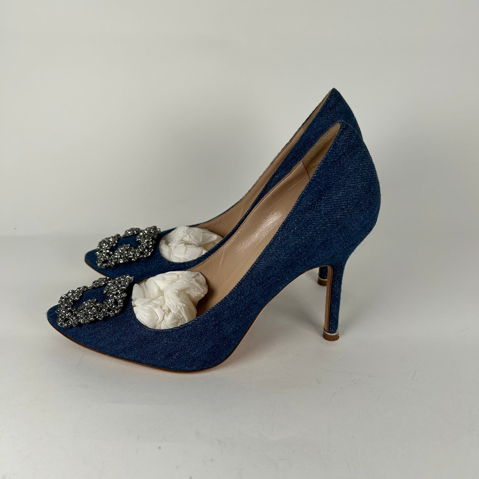 Manolo Blahnik Hangisi Jewel Buckle Denim Pumps Size 37.5
