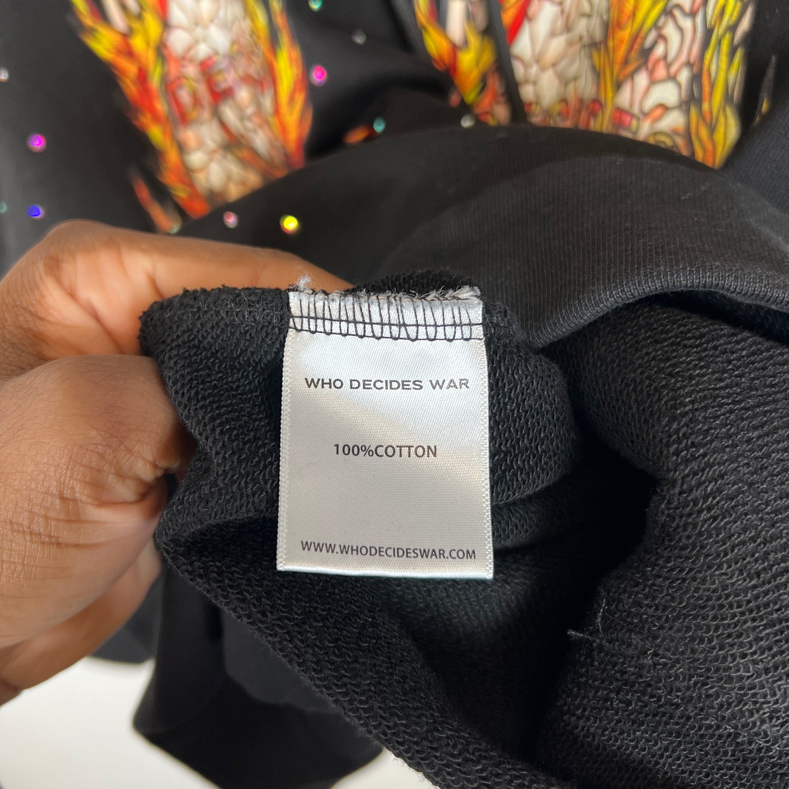 Who Decides War Black Flame Glass Rhinestone Hoodie Size L