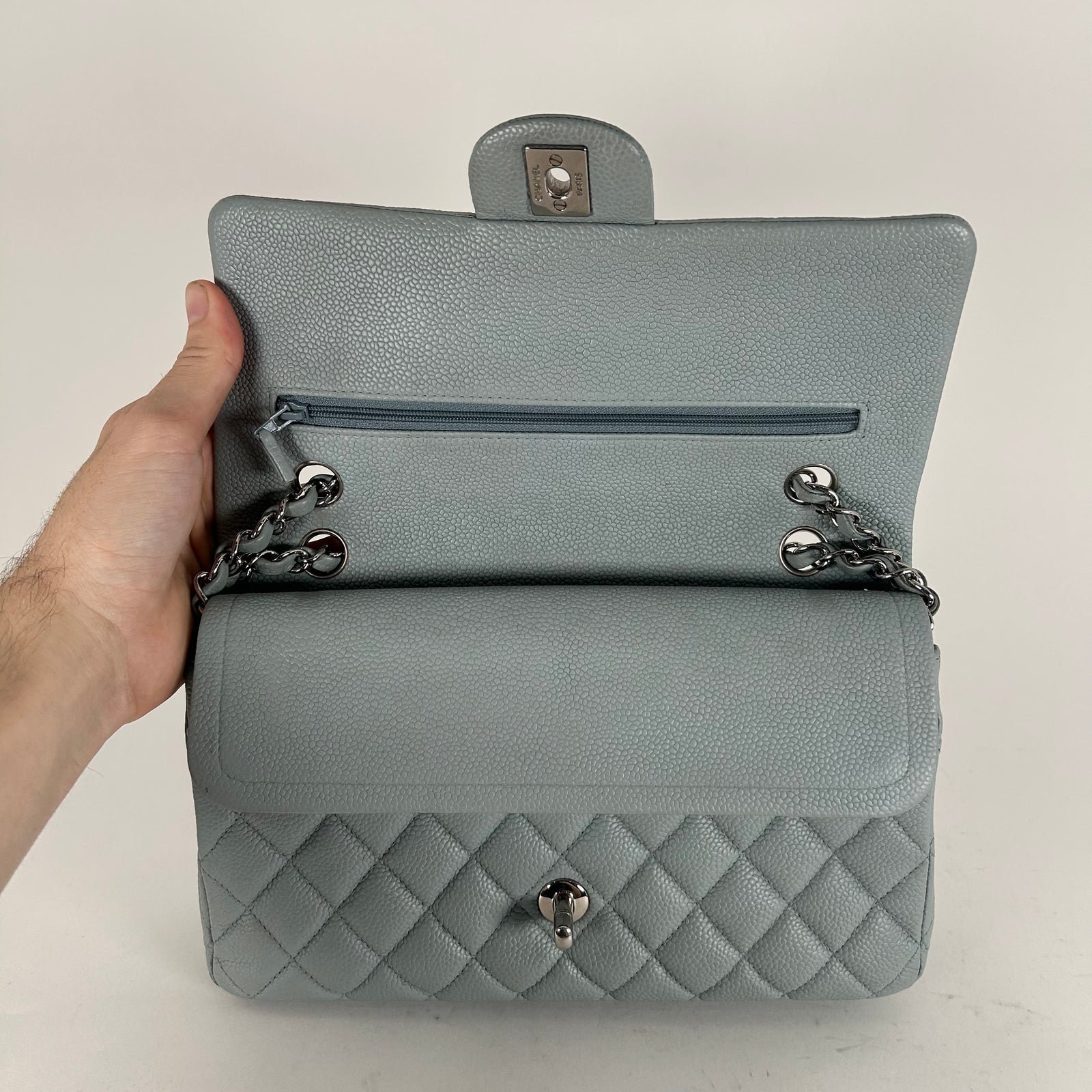 Chanel Light Baby Blue Quilted Caviar Medium Double Flap