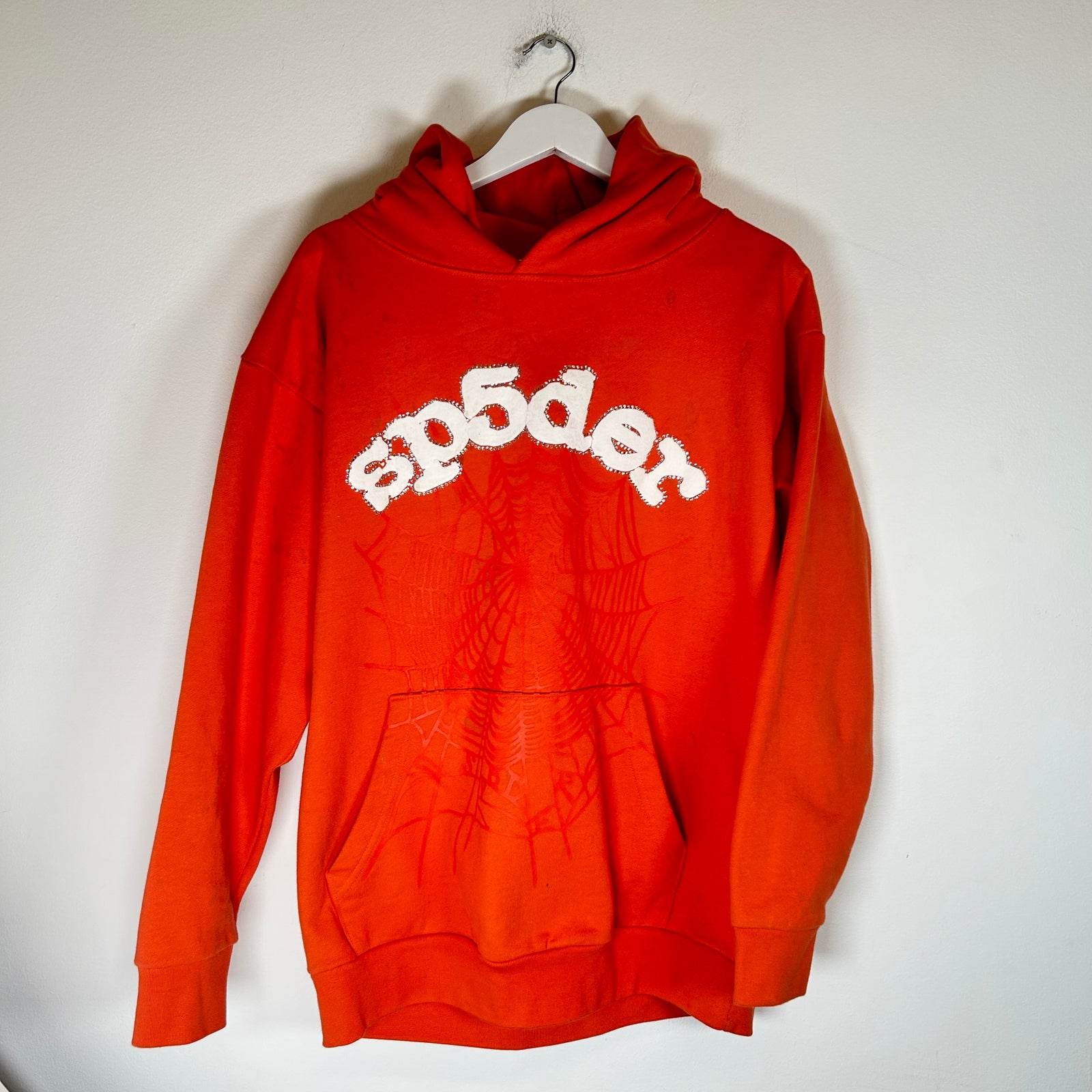 Sp5der Orange Rhinestone Hoodie Size M