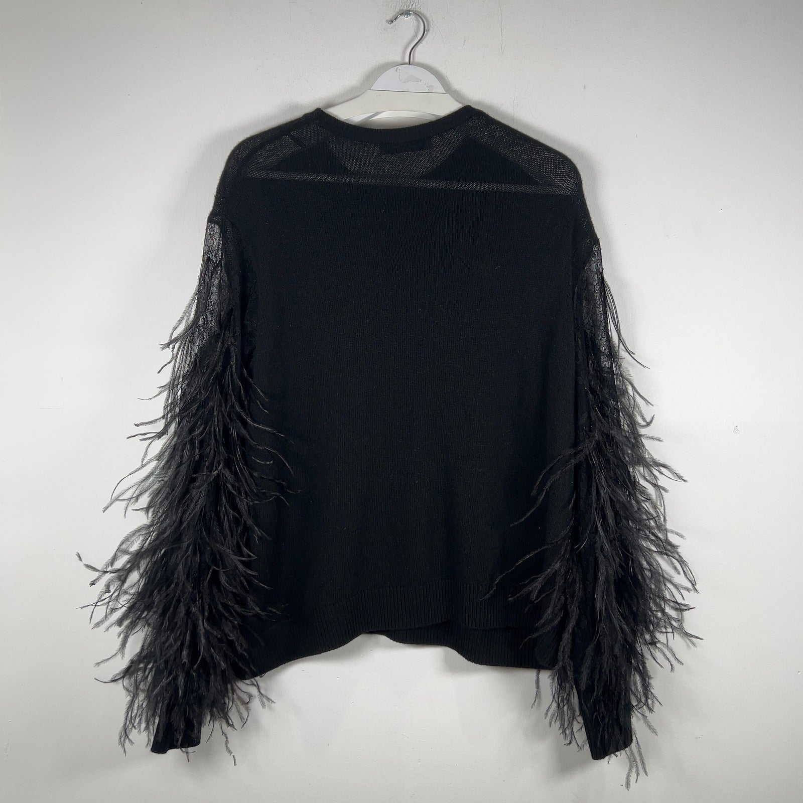 Valentino Black Cashmere Knit Feather Sleeved Crewneck Size L