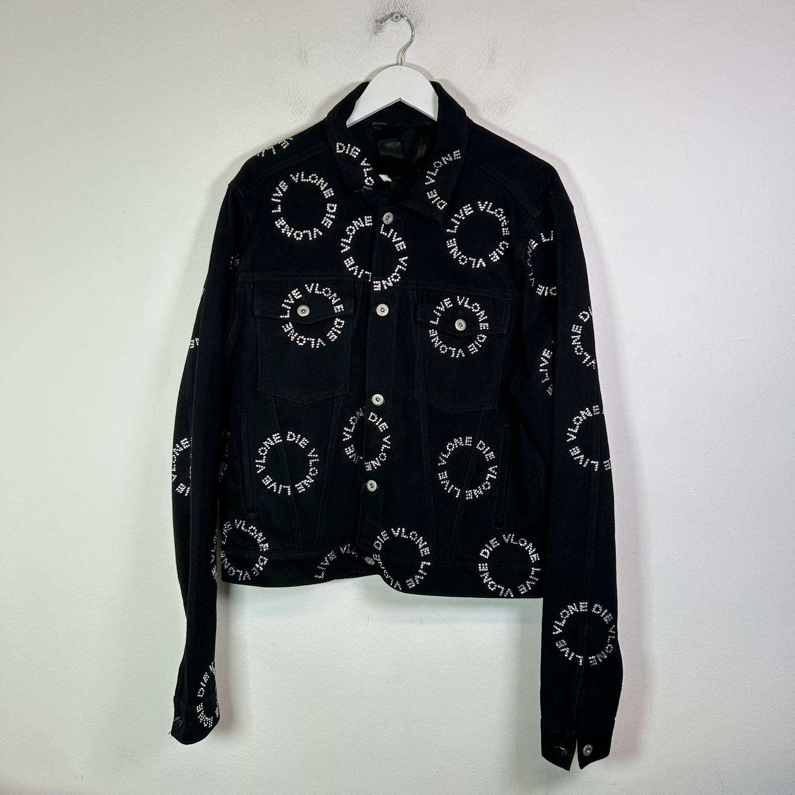 Vlone Black Rhinestone "Live Vlone Die Vlone" Jean Jacket Size L