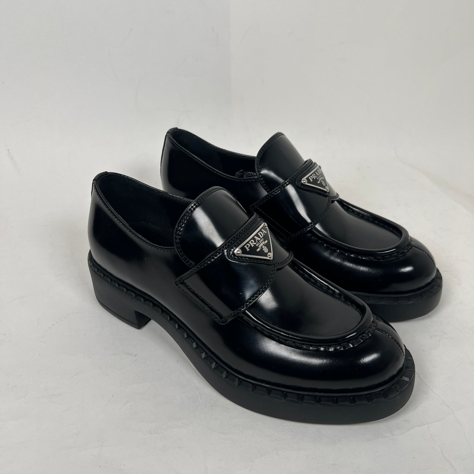 Prada Black Chocolate Triangle Logo Loafers Size 36