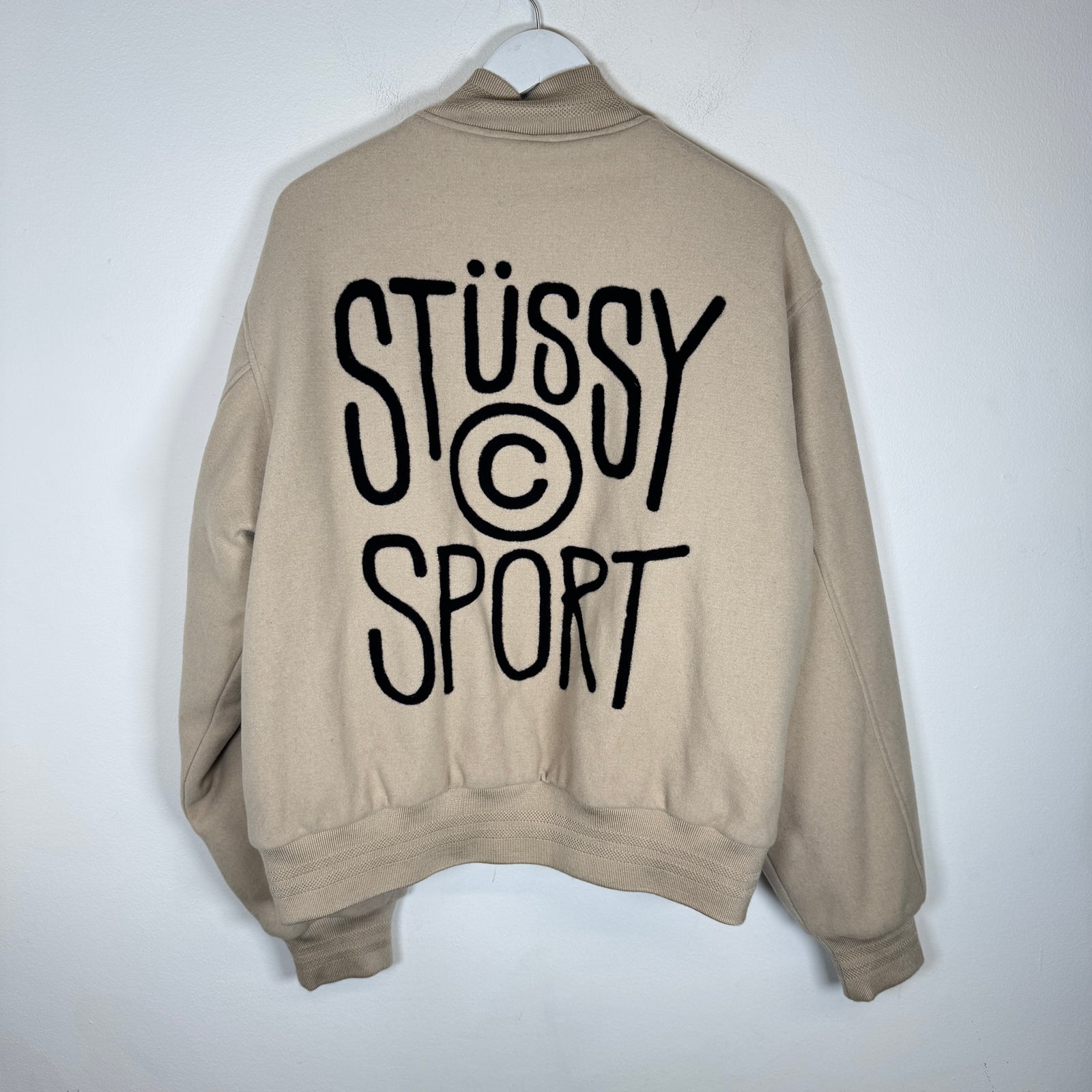 Stussy Sport Oatmeal Melton Varsity Jacket Size L
