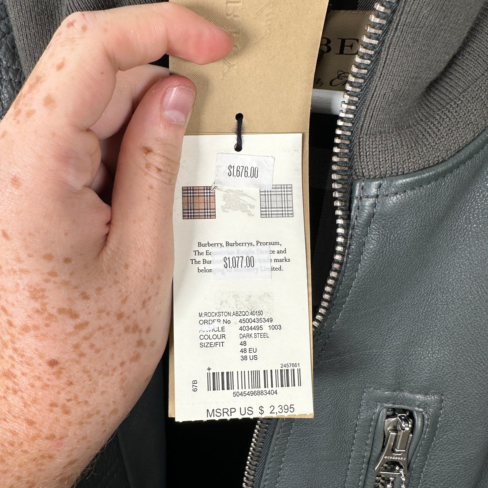 Burberry Dark Steel Leather Bomber Jacket Size 48