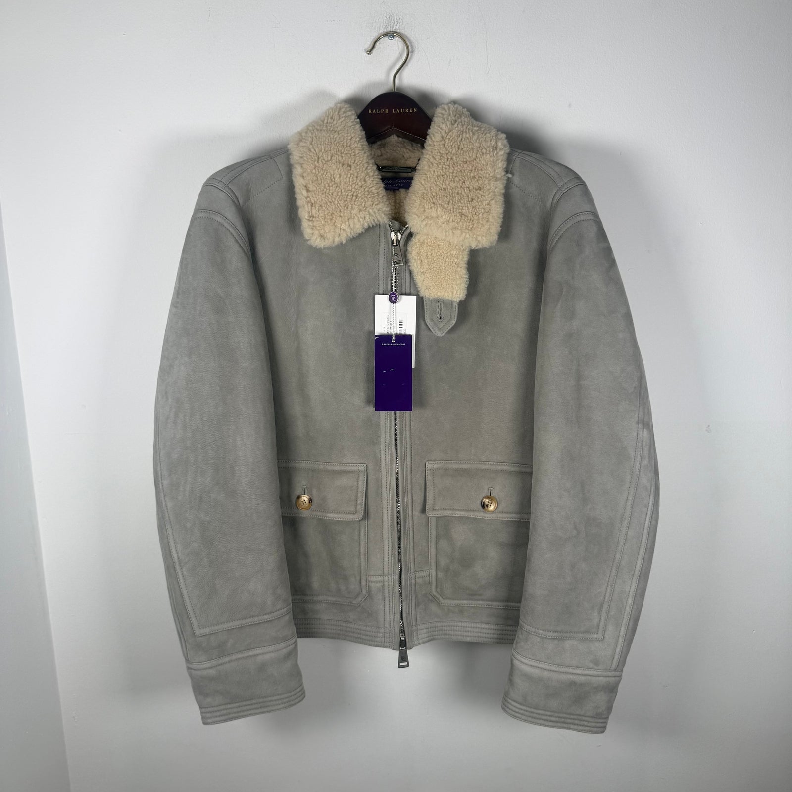Ralph Lauren Purple Label Grey Sherling Leather Bomber Jacket Size S