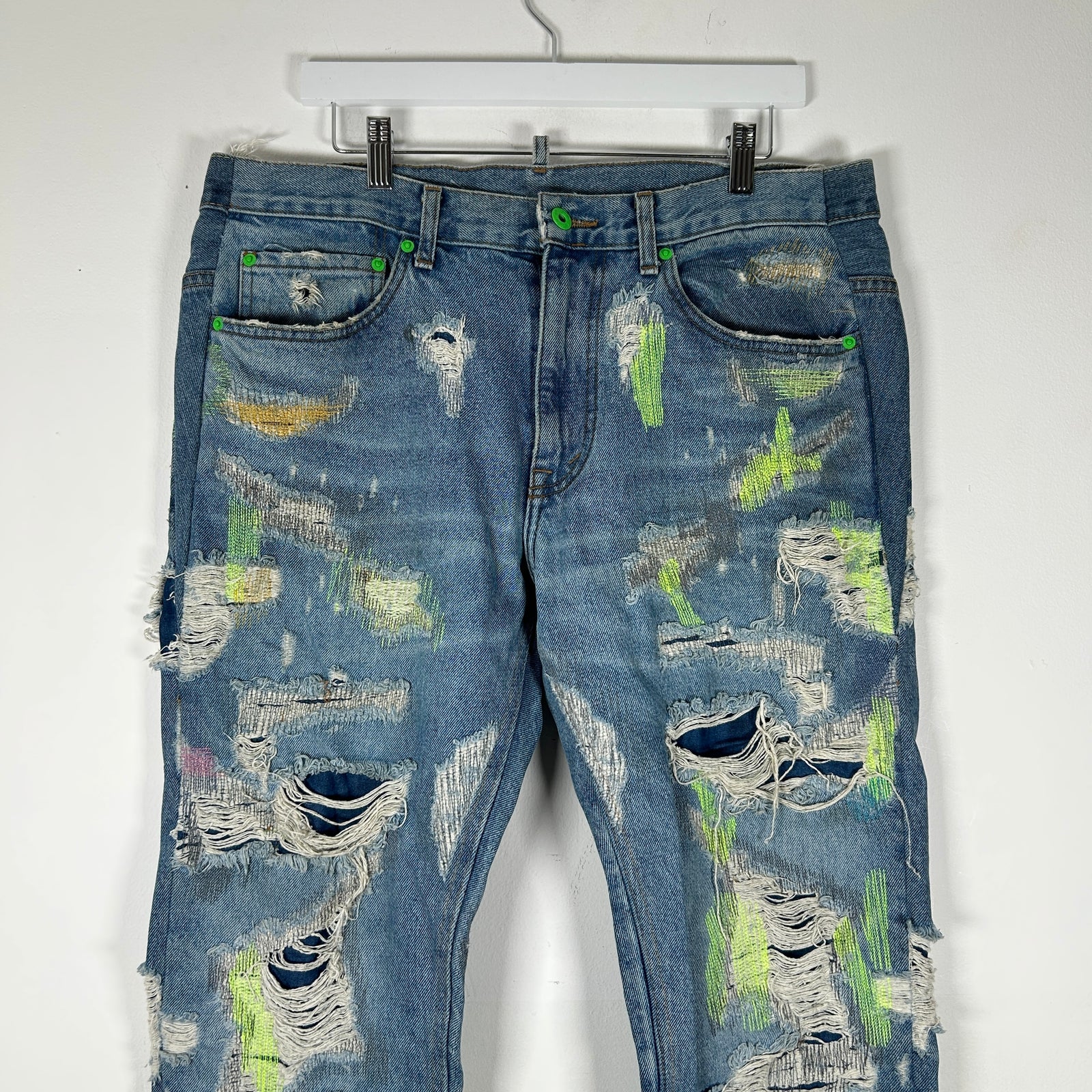 Endless Neon Green Embroidered Blue Denim Jeans Size 36