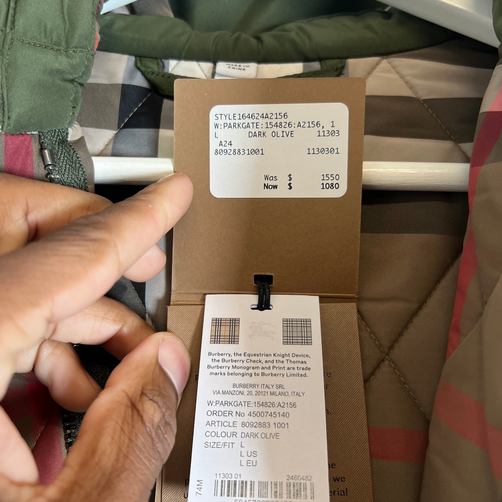 Burberry Olive Quilted Hooded Jacket Size L