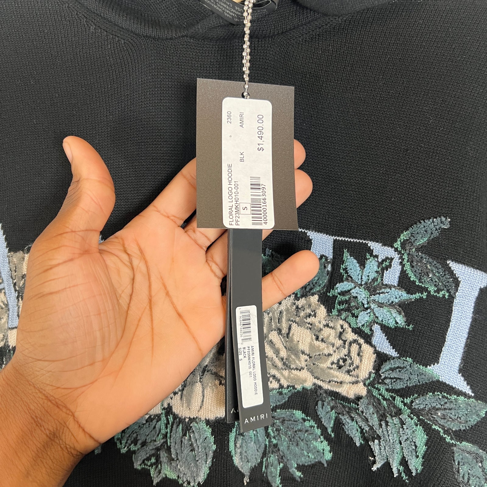 Amiri Black Floral Logo Knit Hoodie Size S
