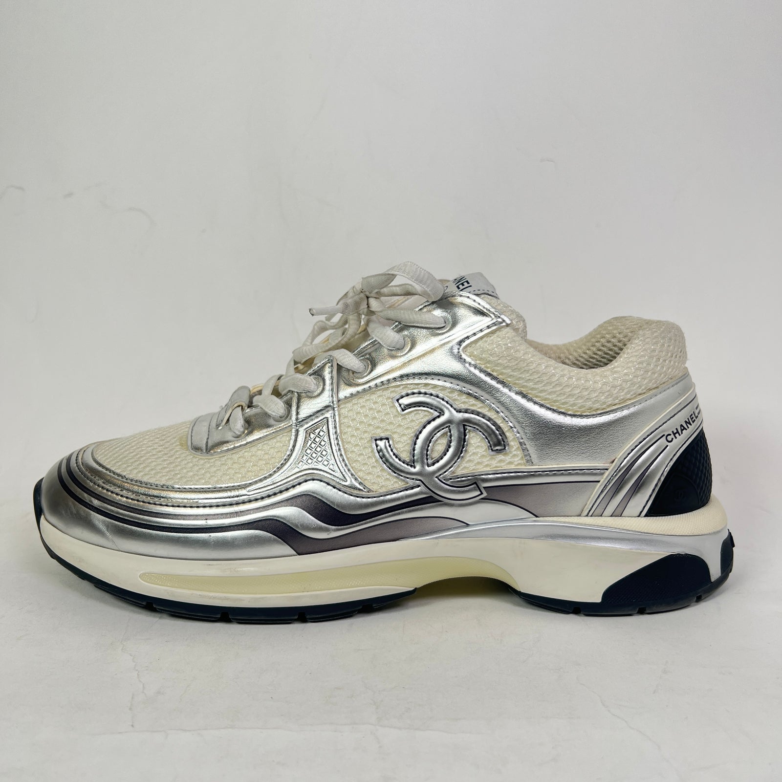 Chanel Metallic Silver Interlocking CC Runner Size 44
