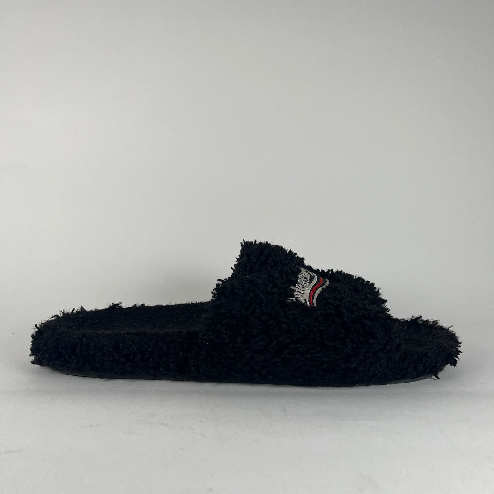 Balenciaga Black Campaign Logo Fur Slides Size 11