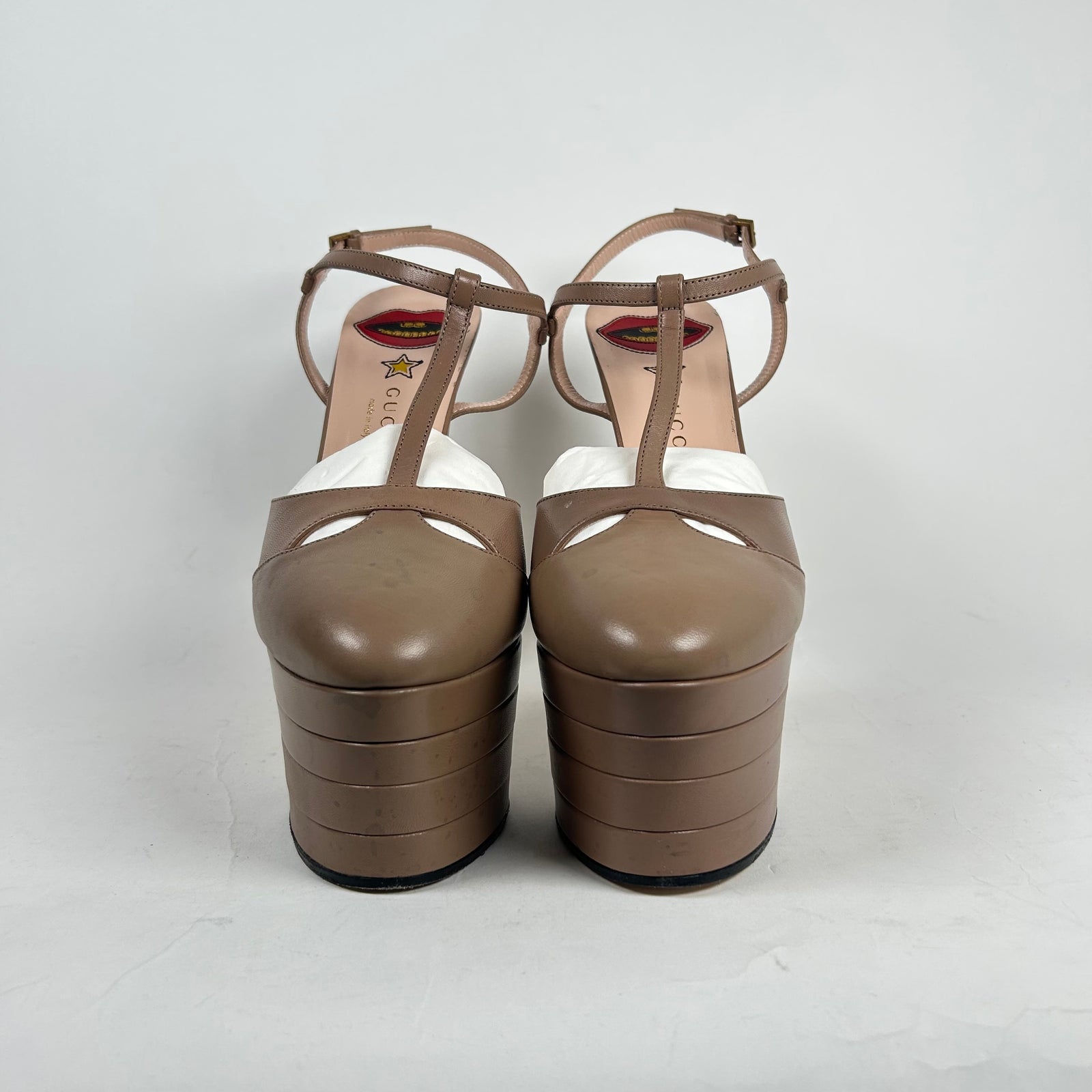 Gucci Beige Leather Malaga Kid Angel T-Strap Platform Pumps Size 40