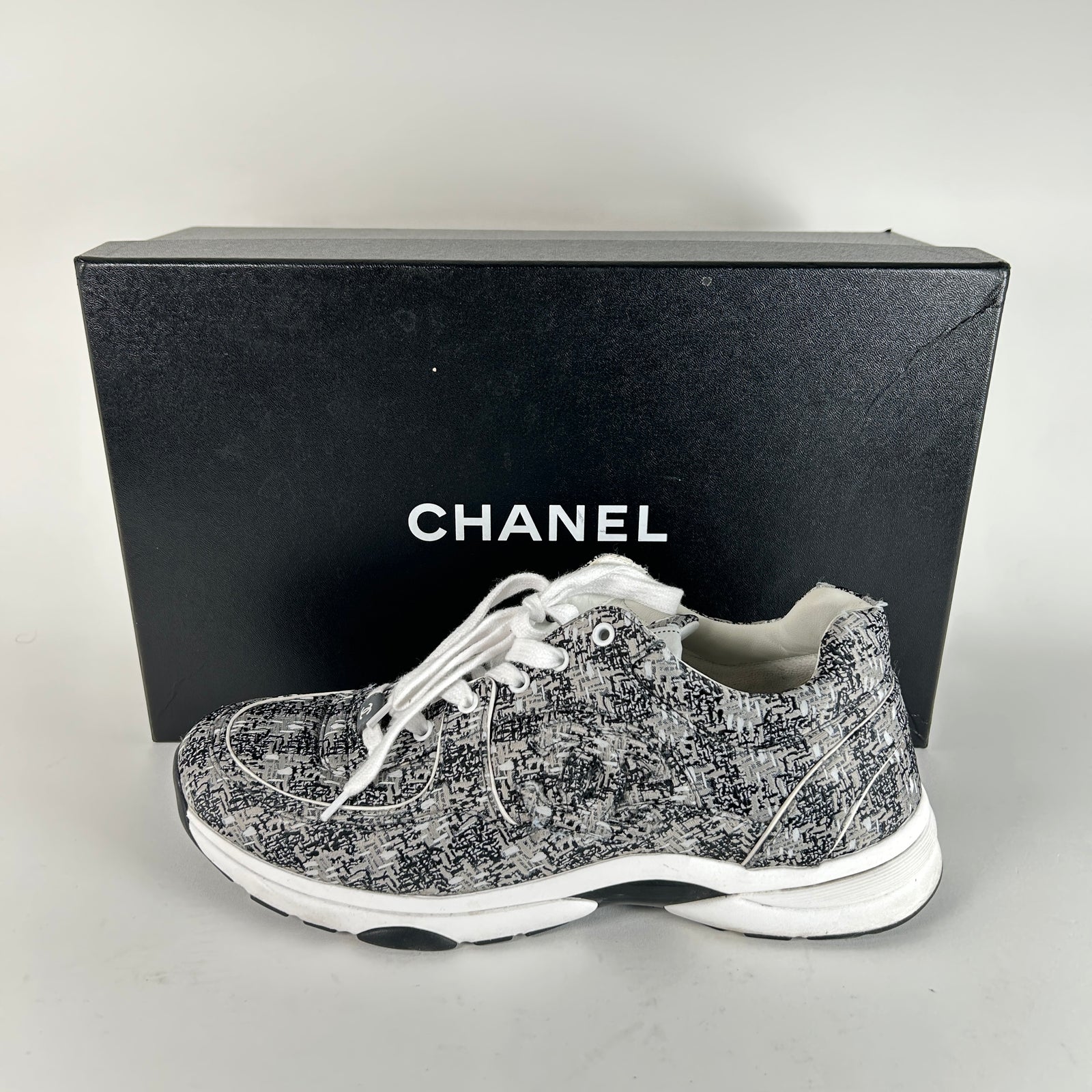 Chanel Tweed Technical Knit Interlocking CC Trainer Size 45