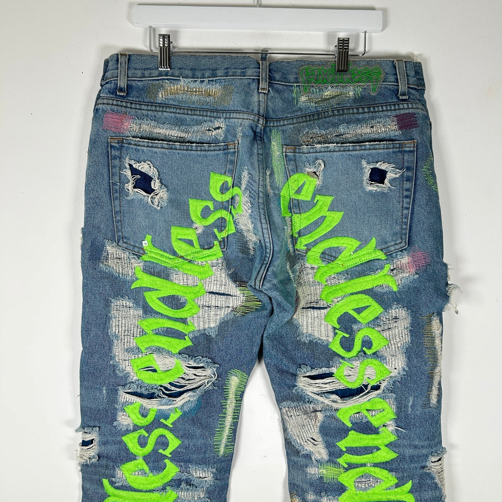 Endless Neon Green Embroidered Blue Denim Jeans Size 36