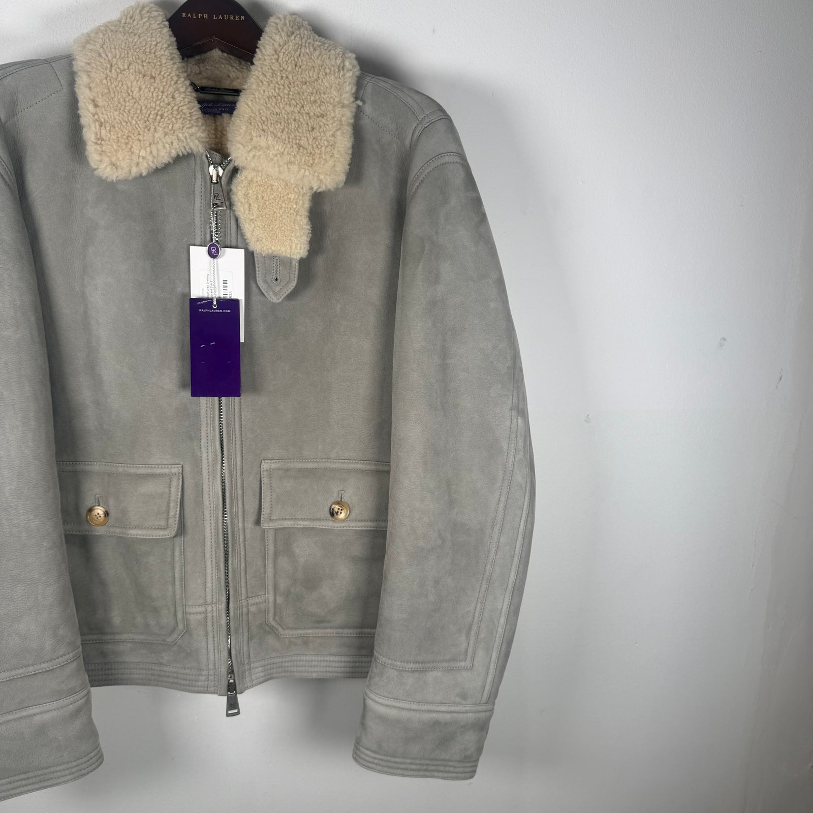 Ralph Lauren Purple Label Grey Sherling Leather Bomber Jacket Size S