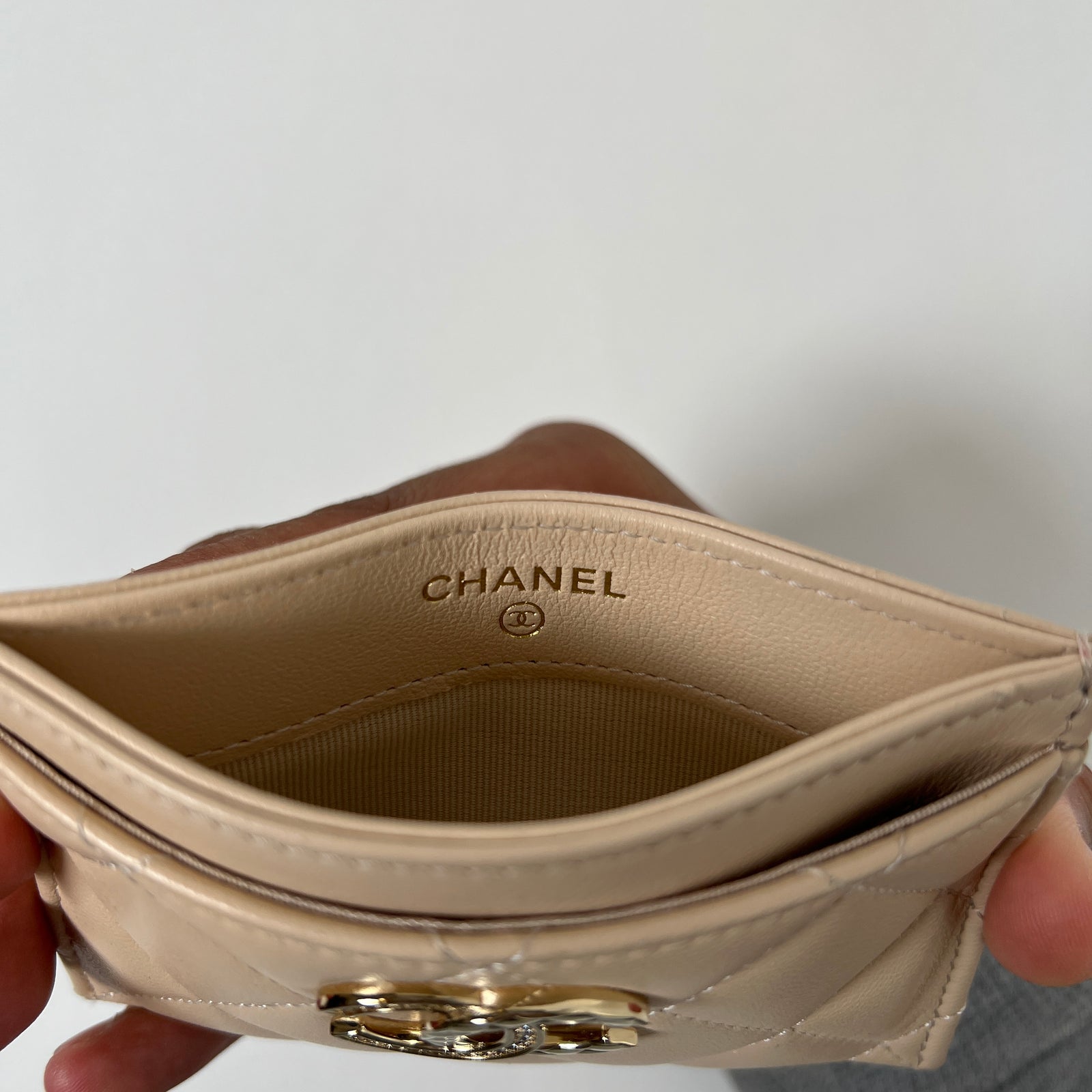 Chanel Beige Caviar Quilted Metal CC Card Holder