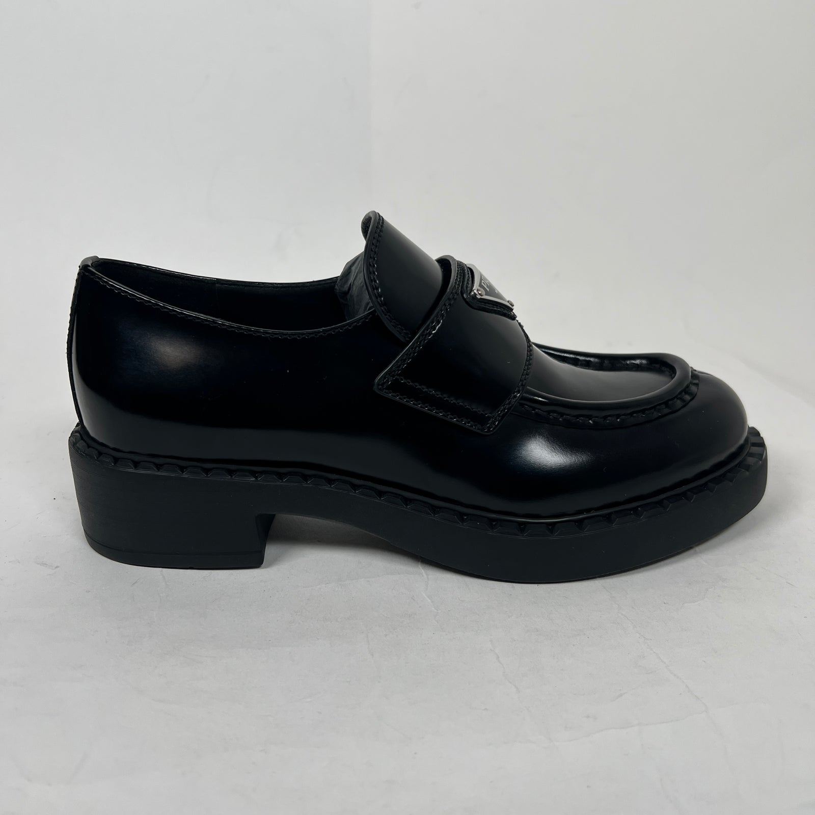 Prada Black Chocolate Triangle Logo Loafers Size 36