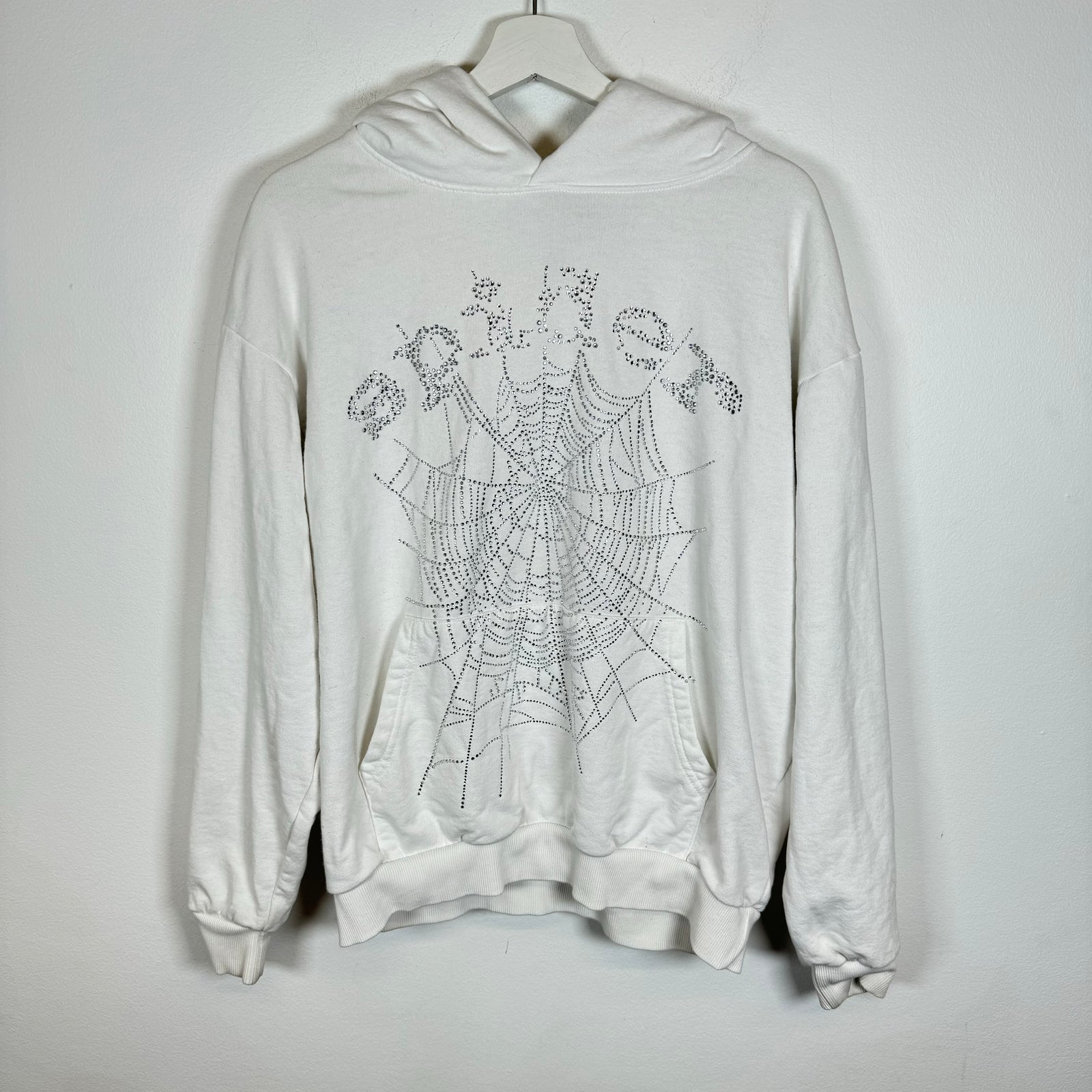 Sp5der White Rhinestone Hoodie Size M