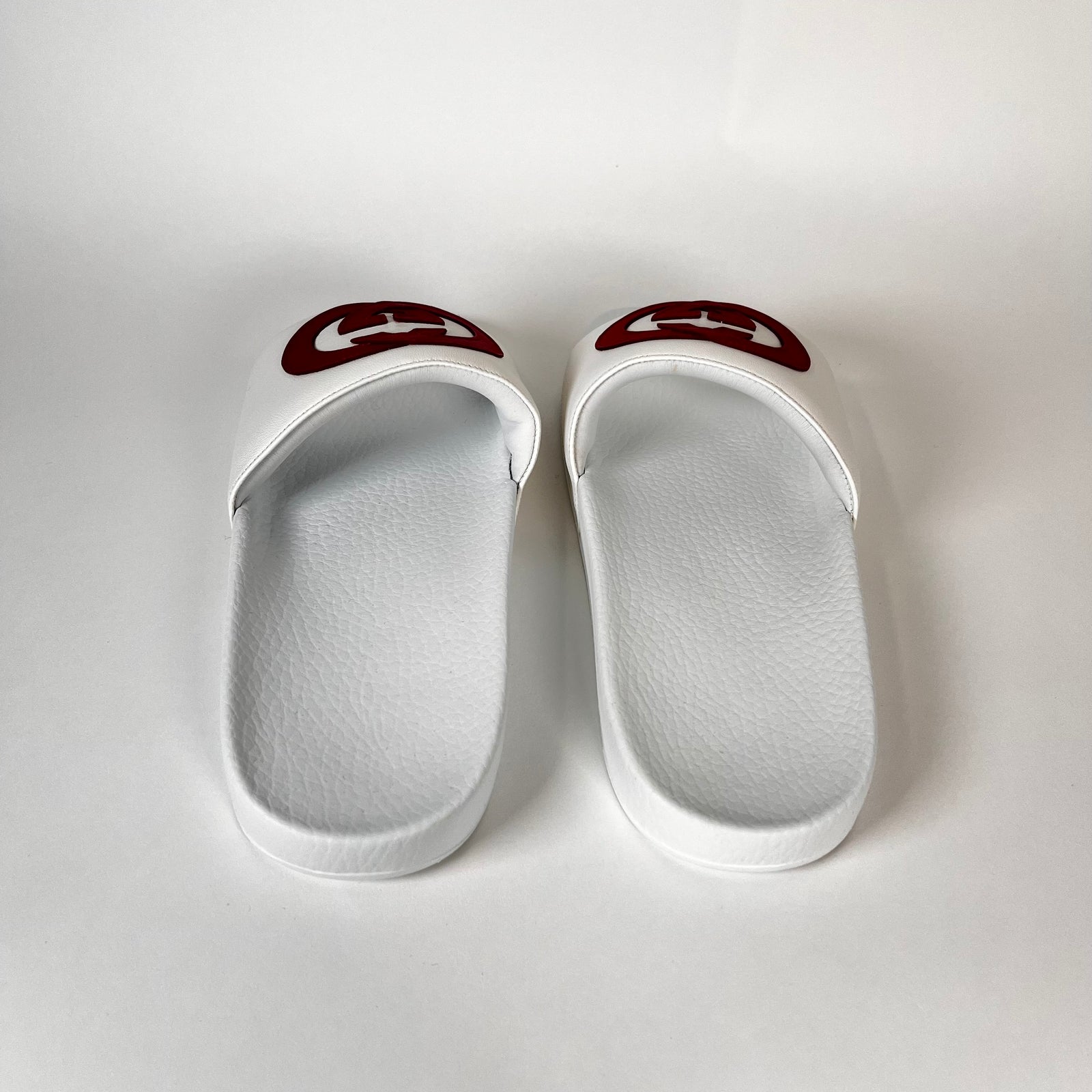 Gucci White Interlocking G Leather Slides Size 42